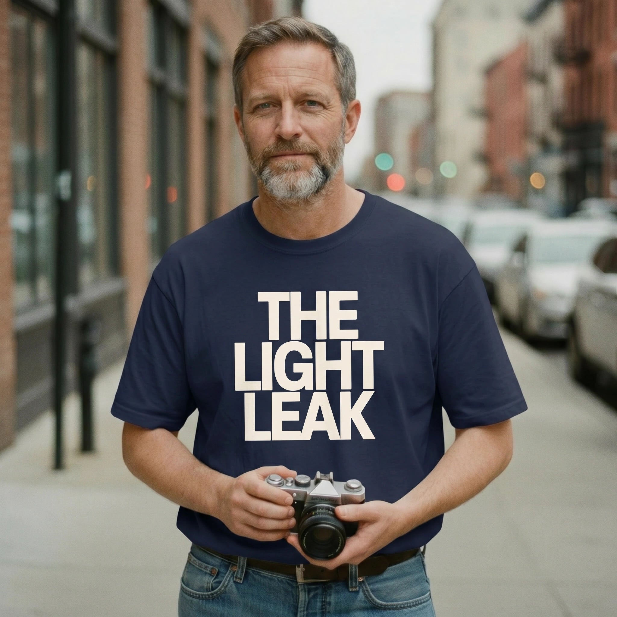 Man wearing a navy blue t-shirt with 'THE LIGHT LEAK' text, holding a camera on a city street.