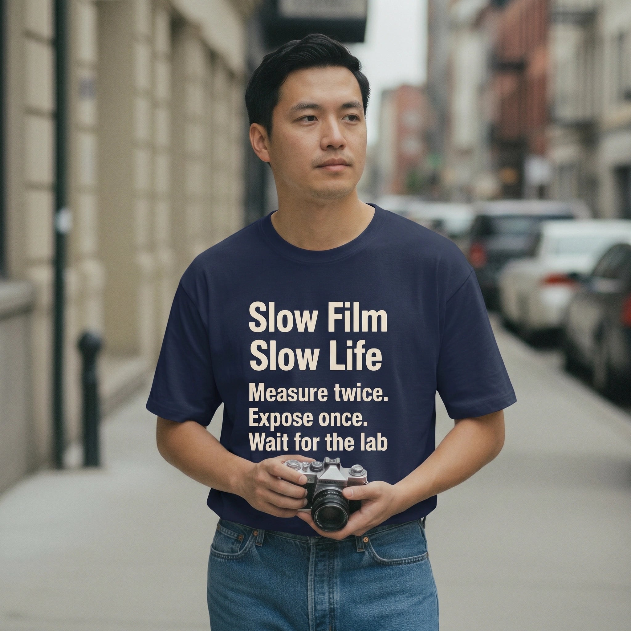 Man wearing a navy blue t-shirt with text holding a camera on a city street.