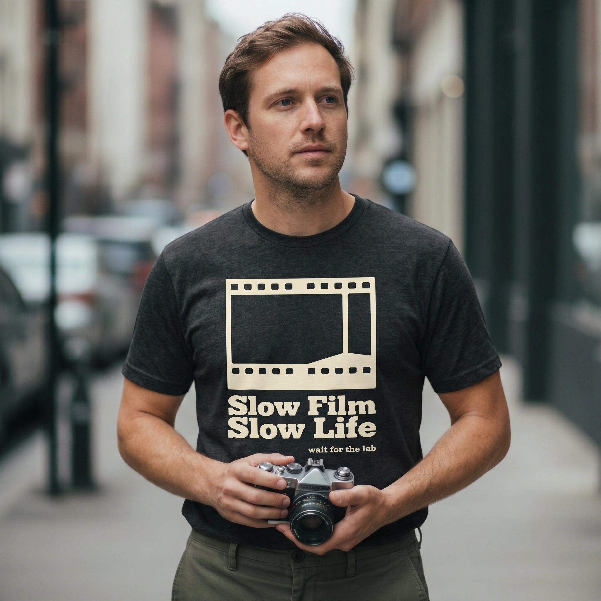 Man wearing a black t-shirt with a film strip graphic and text 'Slow Film Slow Life' on a city street