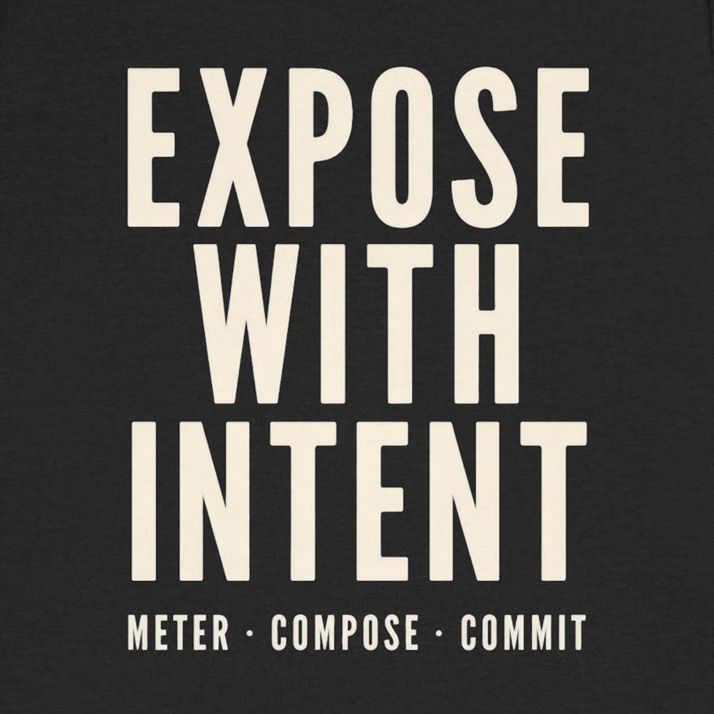 Black background with white text 'EXPOSE WITH INTENT' and 'Meter * Compose * Commit'.
