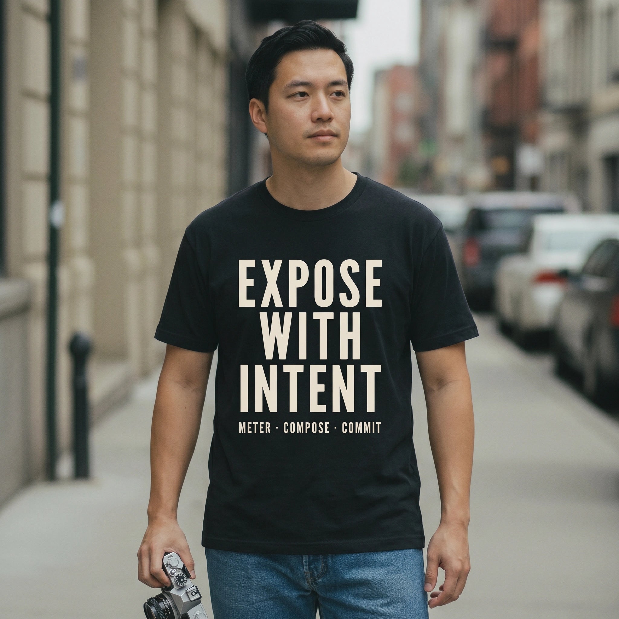 Man wearing a black t-shirt with 'Expose with Intent' text on a city street.