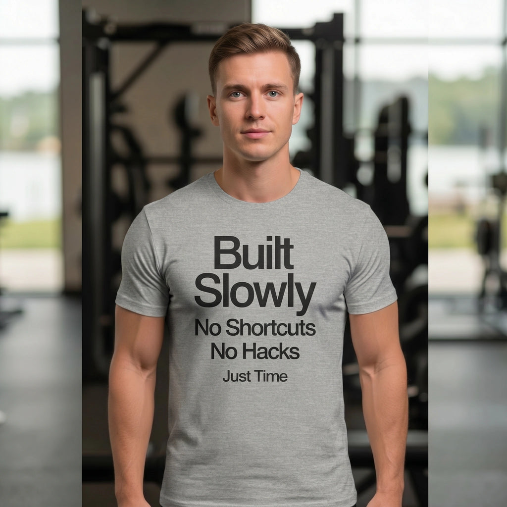 Man wearing a gray t-shirt with motivational text in a gym setting