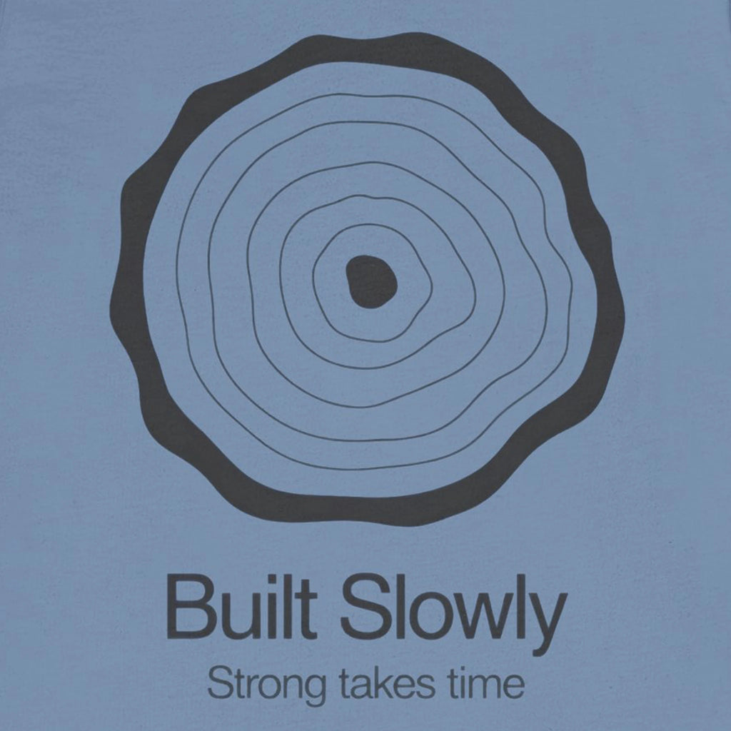 Circular design with concentric rings on a blue background, featuring the text 'Built Slowly Strong takes time'.