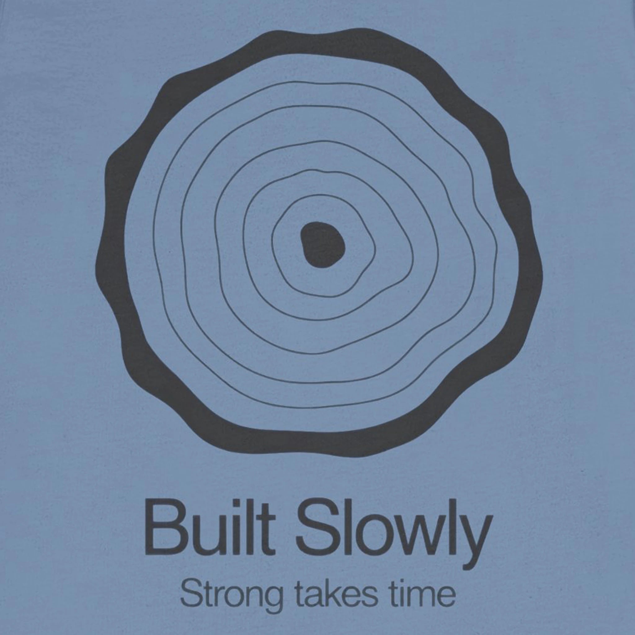 Circular design with concentric rings on a blue background, featuring the text 'Built Slowly Strong takes time'.