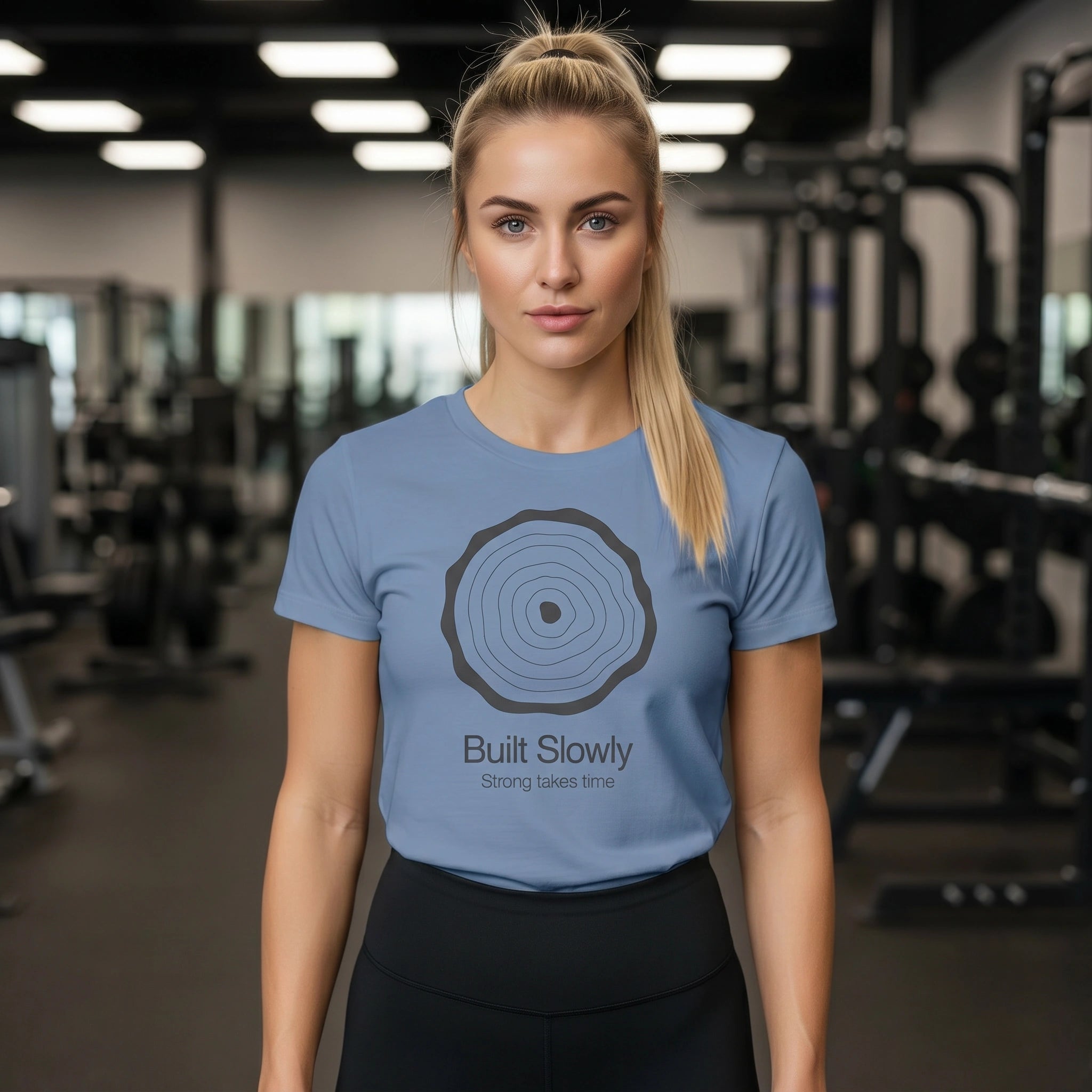 Woman wearing a blue t-shirt with a design and 'Built Slowly' text in a gym setting