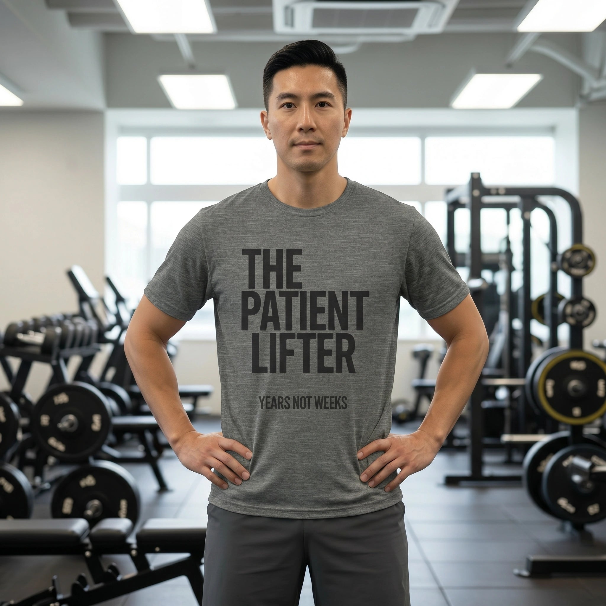 Man wearing a gray t-shirt with 'The Patient Lifter' text in a gym setting