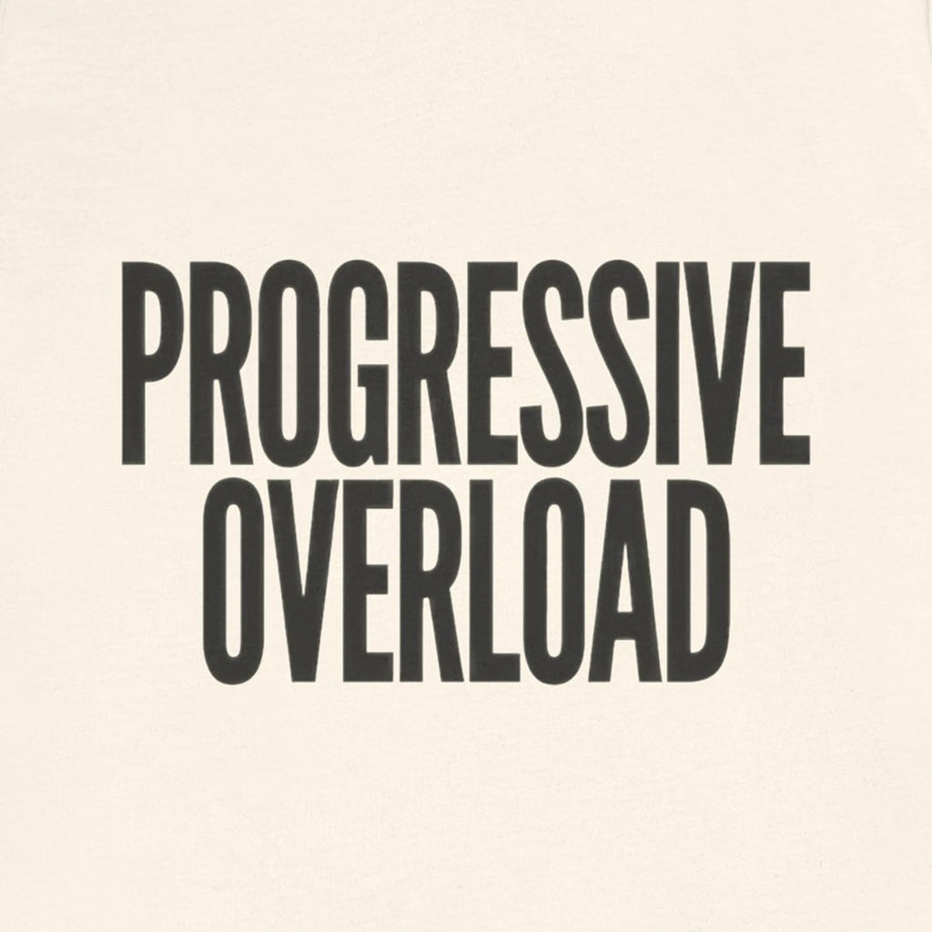 Text 'PROGRESSIVE OVERLOAD' on a beige background