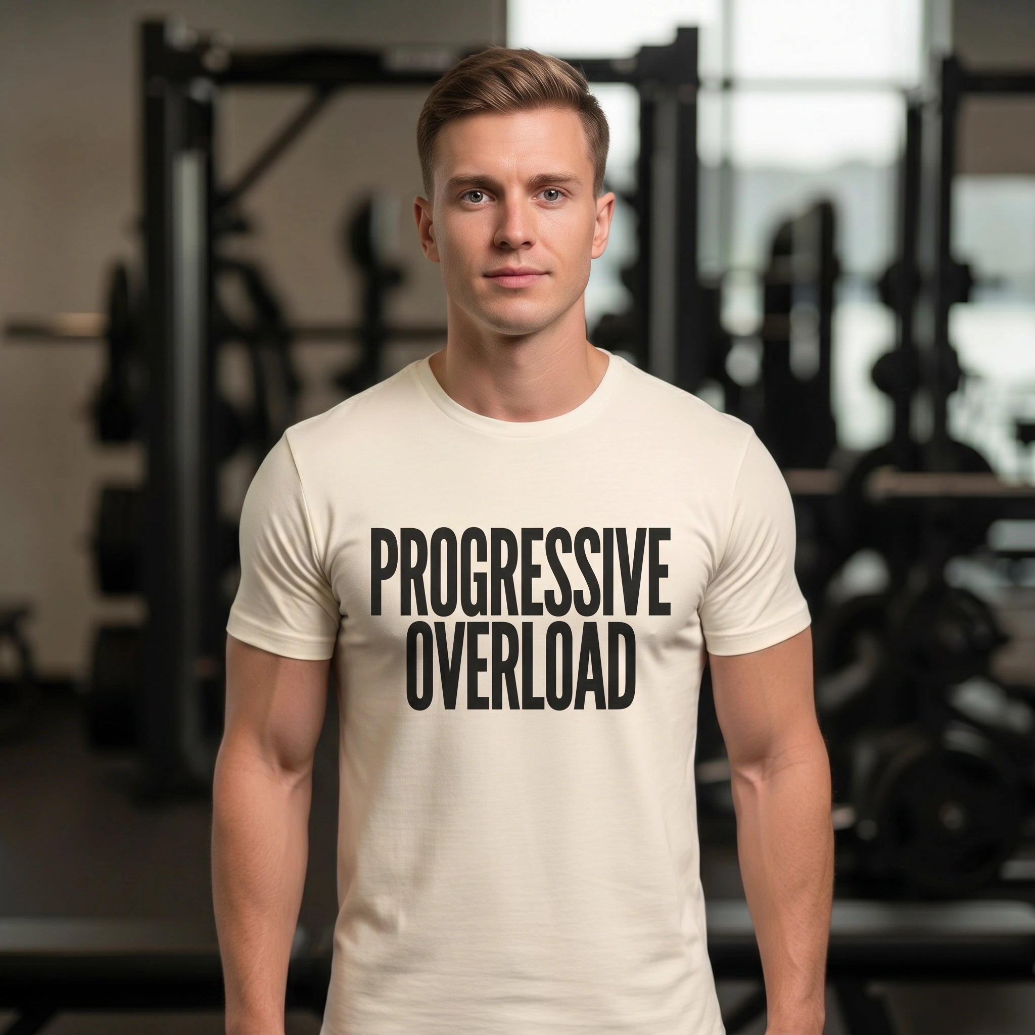 Man wearing a t-shirt with 'PROGRESSIVE OVERLOAD' in a gym setting
