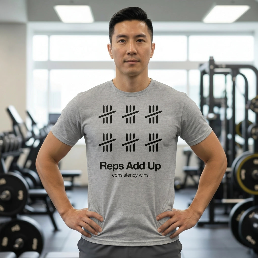 Man wearing a gray t-shirt with 'Reps Add Up' text in a gym setting