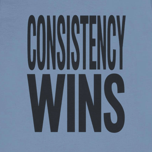 Blue t-shirt with 'CONSISTENCY WINS' text in black on a solid background