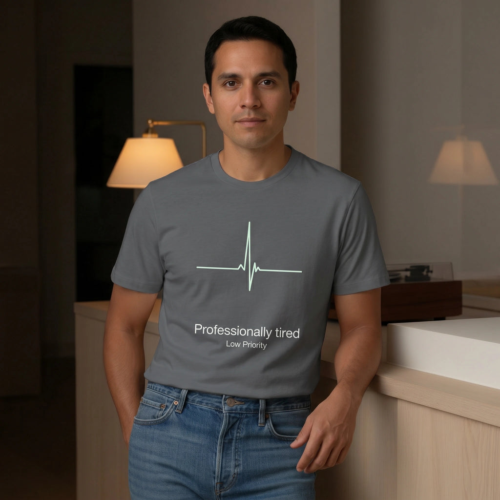 Man wearing a gray t-shirt with a heart rate design and text in a room.