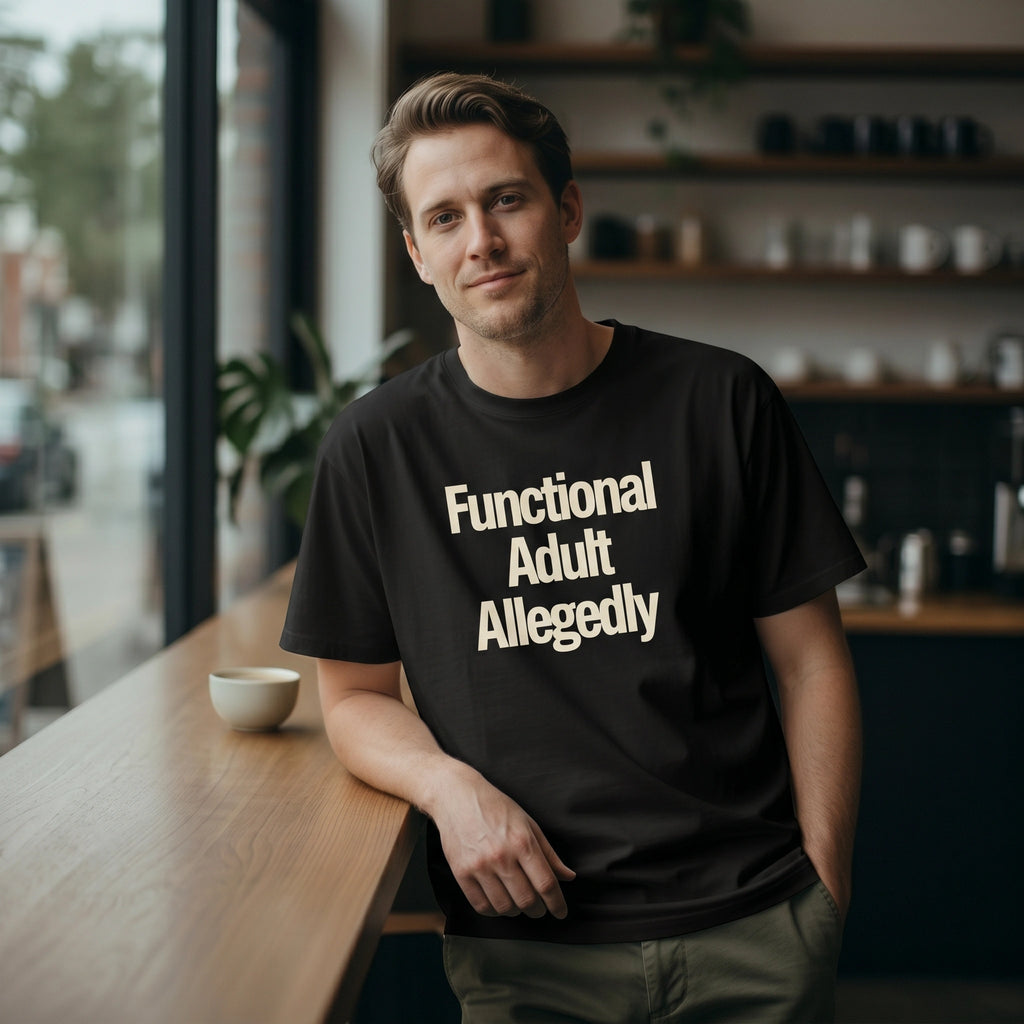 Man wearing a black t-shirt with 'Functional Adult Allegedly' text in a casual setting.