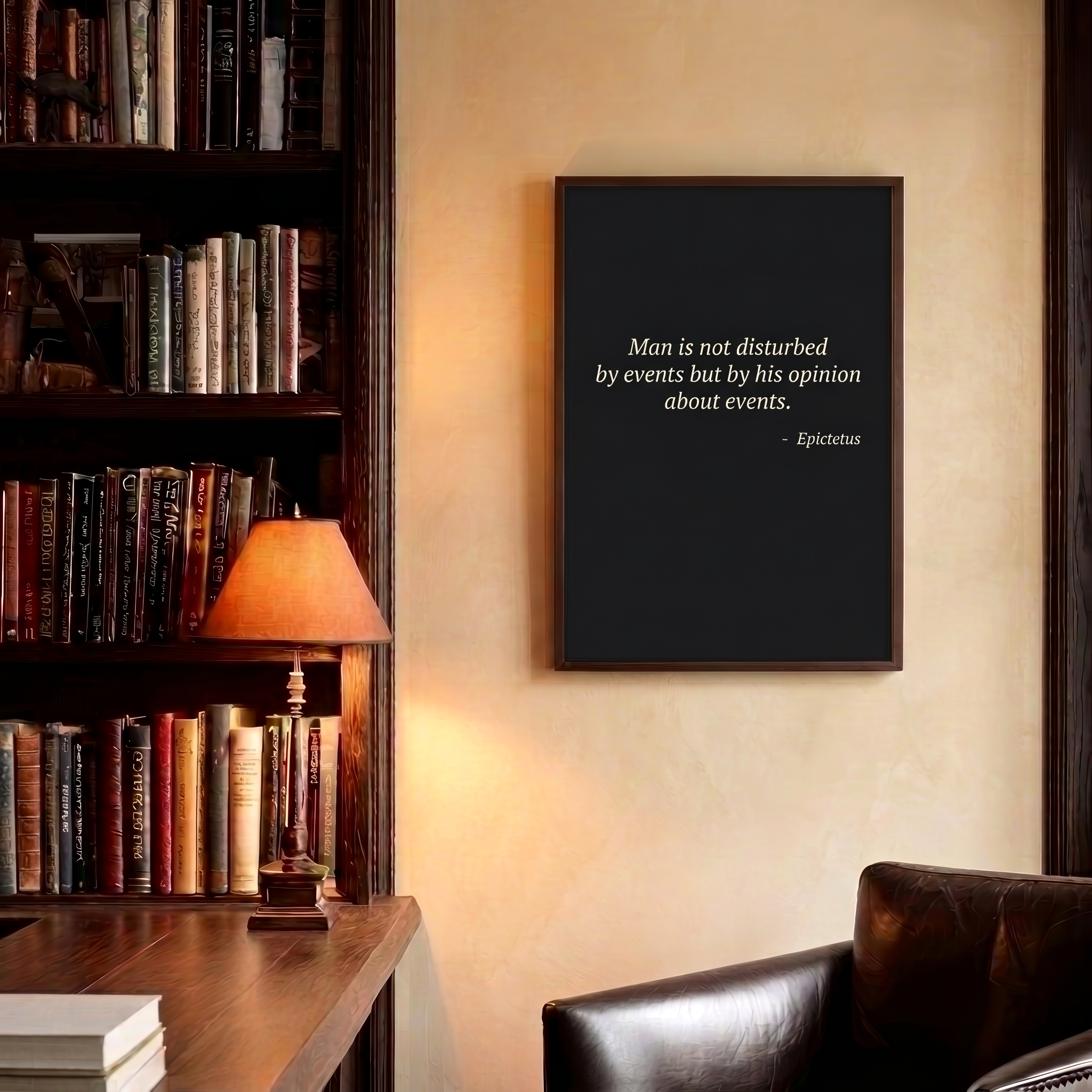 A framed wall art print featuring a quote by Marcus Aurelius in white text on a black background, hanging on a beige wall in a cozy library setting with a bookshelf, lamp, and leather chair.