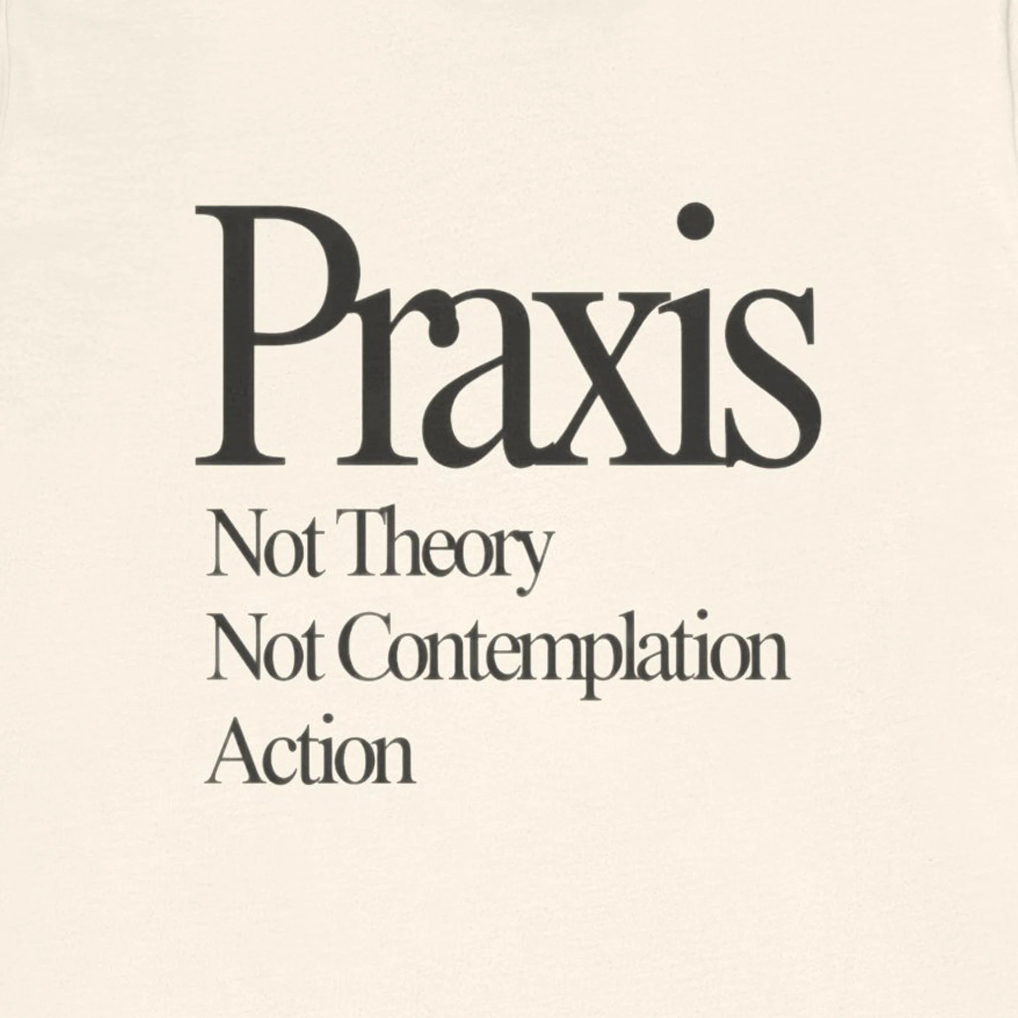 Text 'Praxis Not Theory Not Contemplation Action' on a beige background
