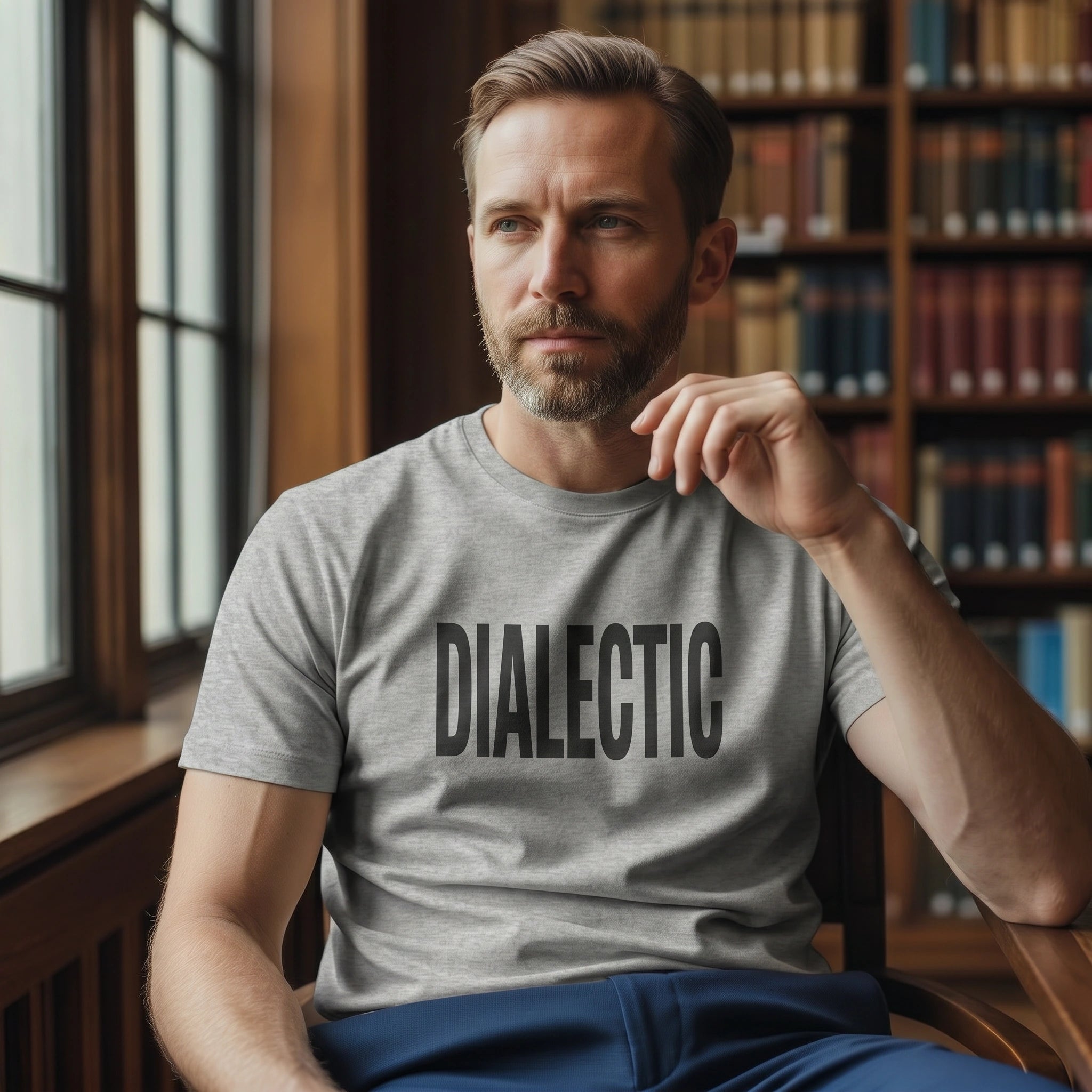 Man wearing a gray t-shirt with 'DIALECTIC' text, sitting in a room with bookshelves.