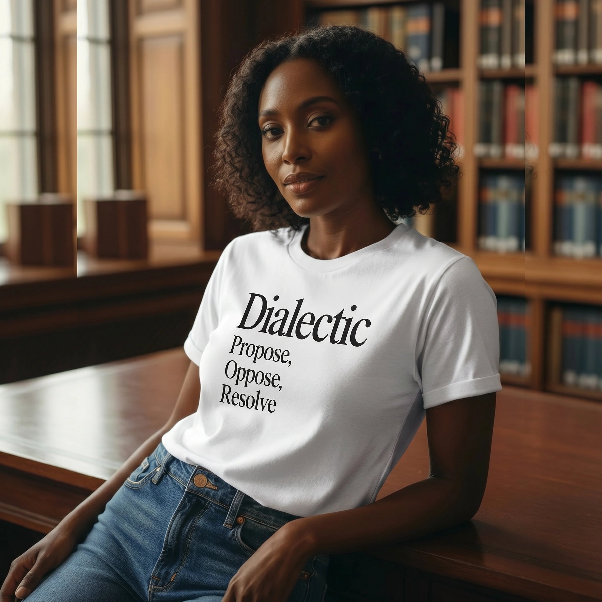 Woman wearing a white t-shirt with 'Dialectic' text in a library setting