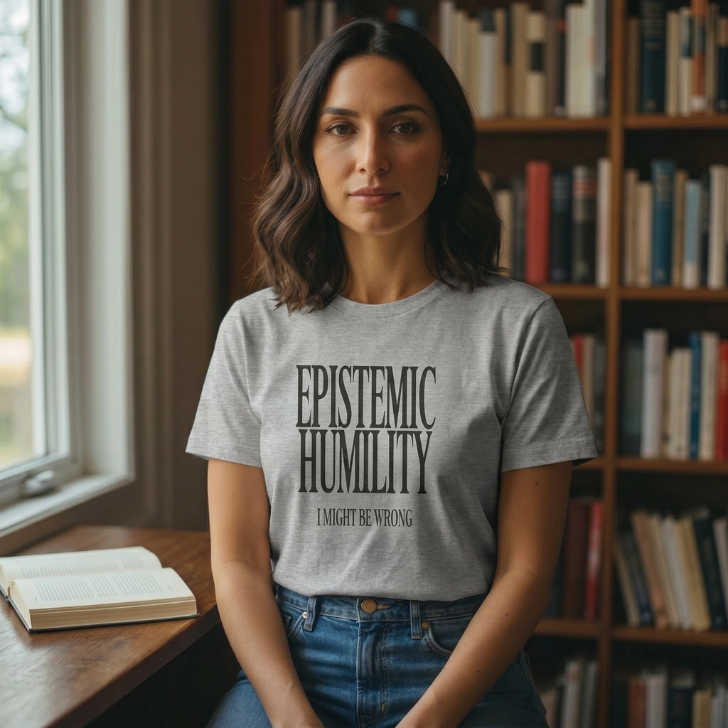 Woman wearing a gray t-shirt with 'Epistemic Humility: I Might Be Wrong' text in a library setting.