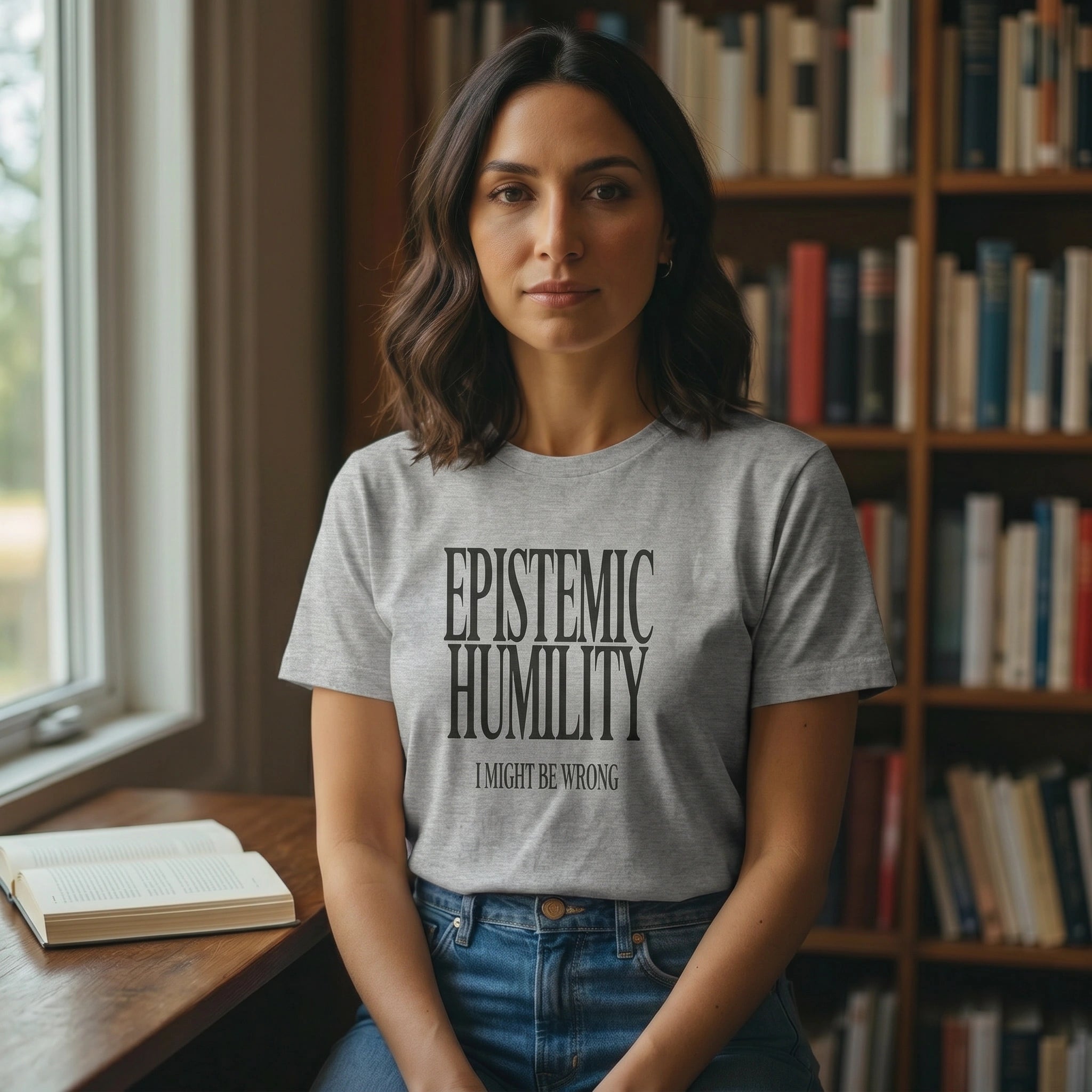 Woman wearing a gray t-shirt with 'Epistemic Humility: I Might Be Wrong' text in a library setting.