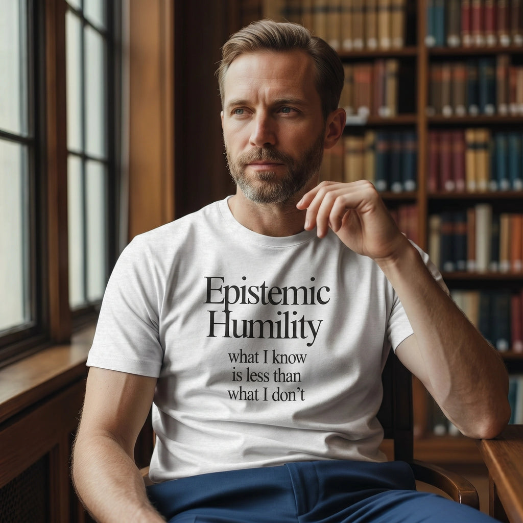 Man wearing a white t-shirt with 'Epistemic Humility' text in a library setting