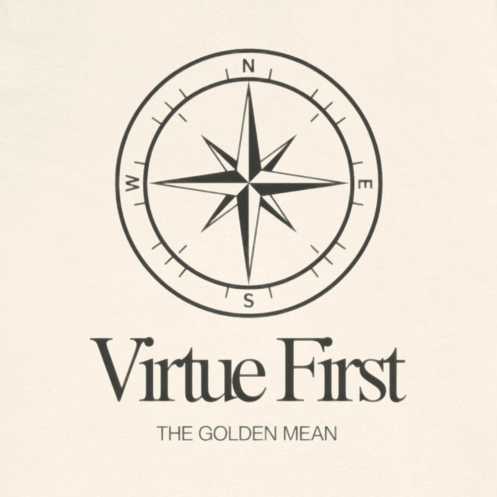 Black compass rose with 'Virtue First' text on a beige background