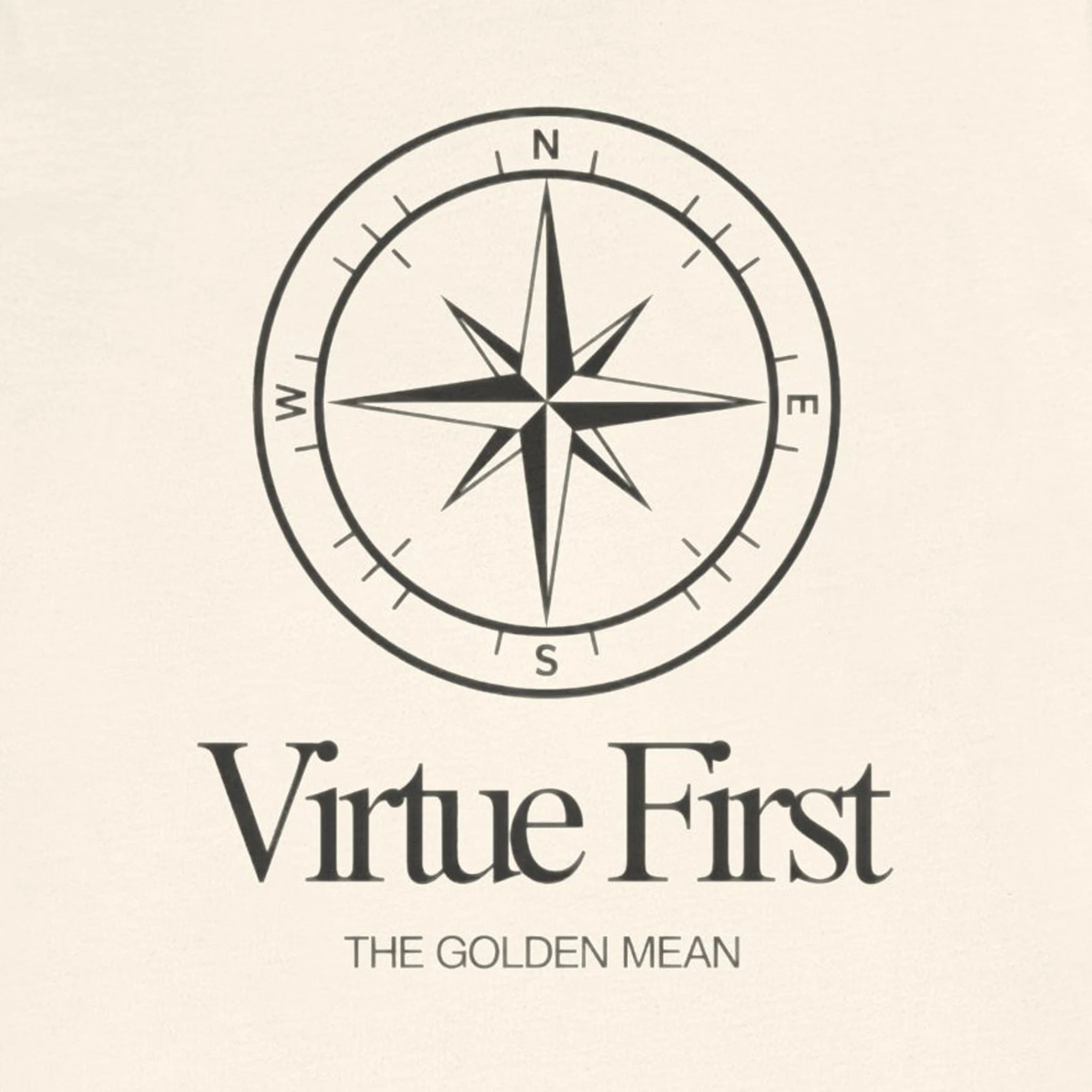 Black compass rose with 'Virtue First' text on a beige background