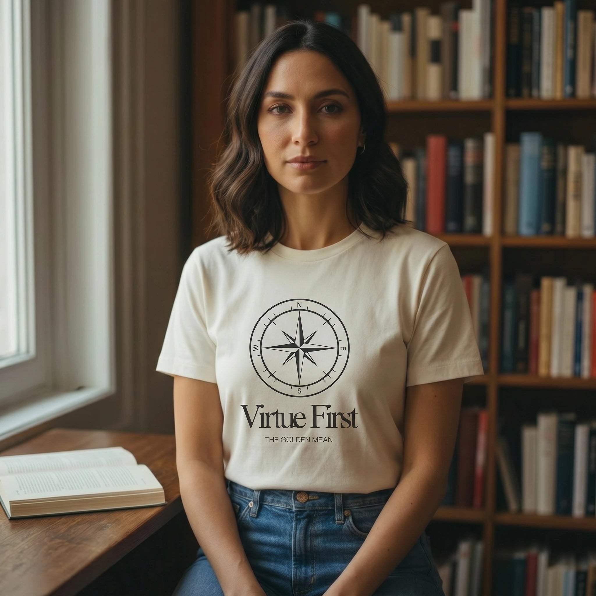 Woman wearing a white t-shirt with 'Virtue First' design in a room with bookshelves.