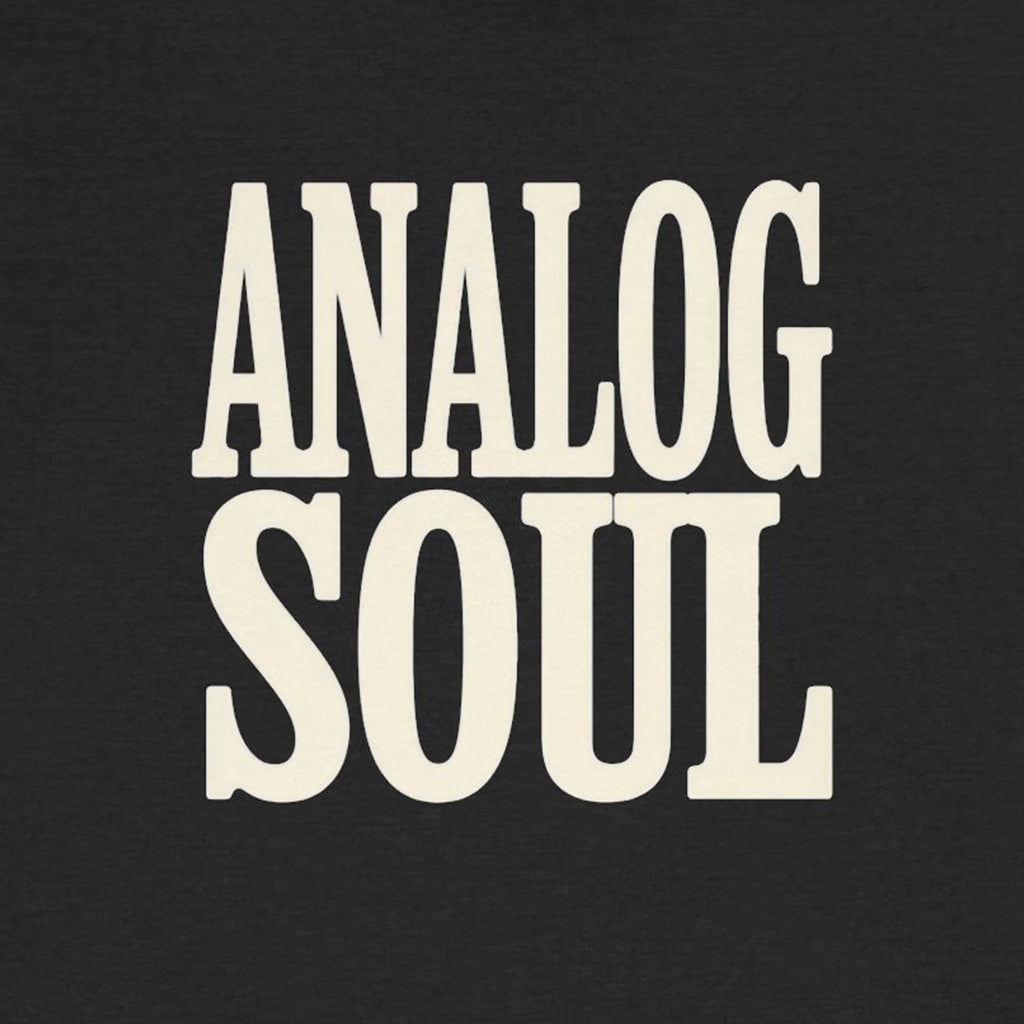Black t-shirt with 'ANALOG SOUL' text in white on a black background