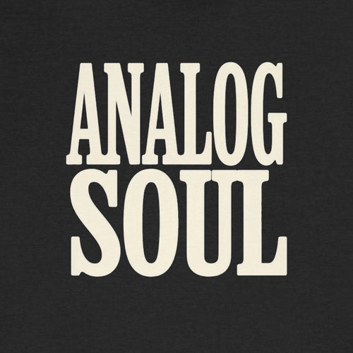 Black t-shirt with 'ANALOG SOUL' text in white on a black background