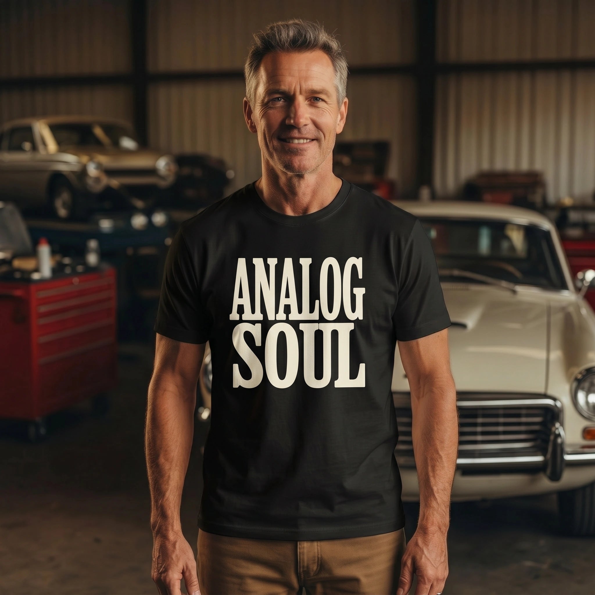 Man wearing a black t-shirt with 'ANALOG SOUL' text in a garage with vintage cars.