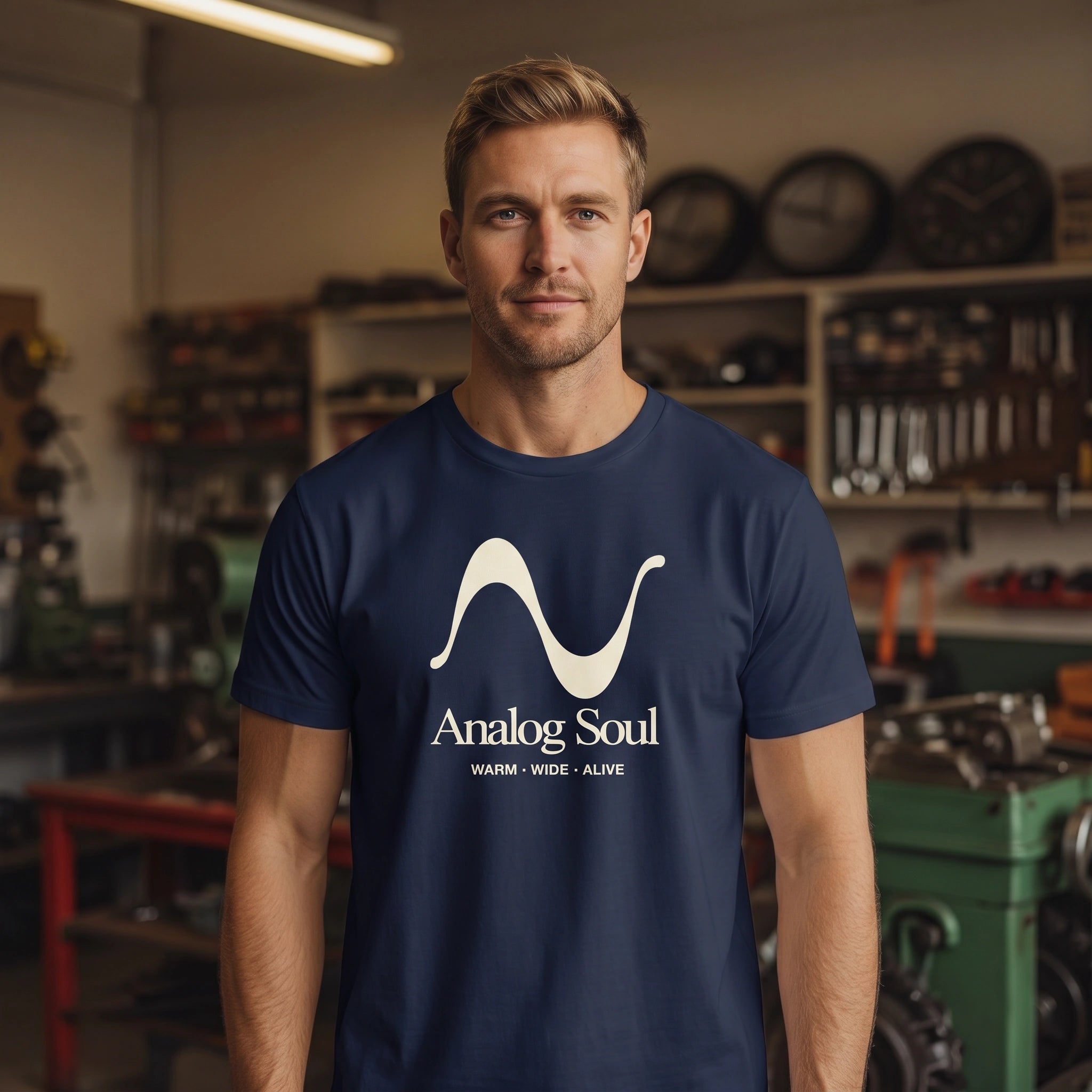 Man wearing a navy blue t-shirt with 'Analog Soul' logo in a workshop setting
