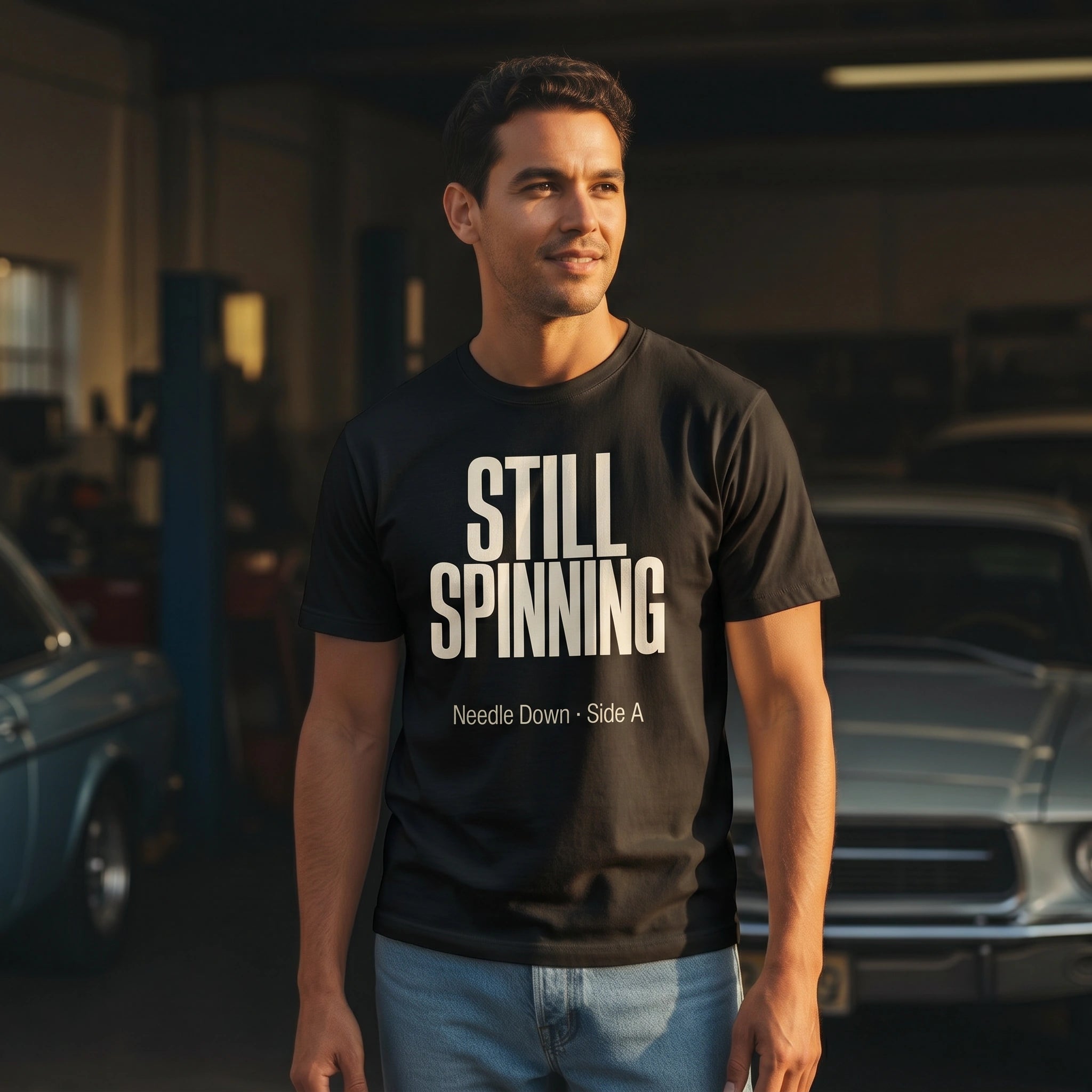 Man wearing a black t-shirt with 'STILL SPINNING' text in a garage setting