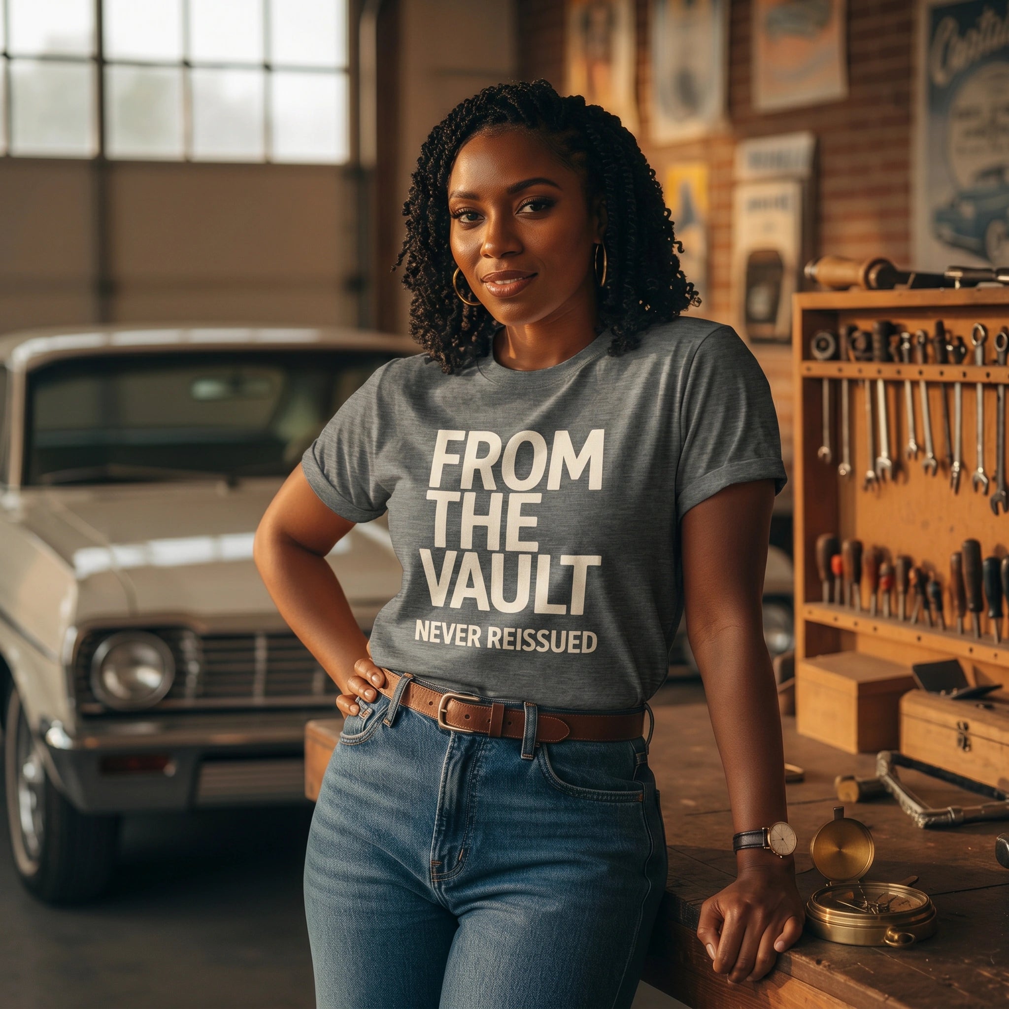 Woman wearing a t-shirt with 'From The Vault' text in a garage settinge