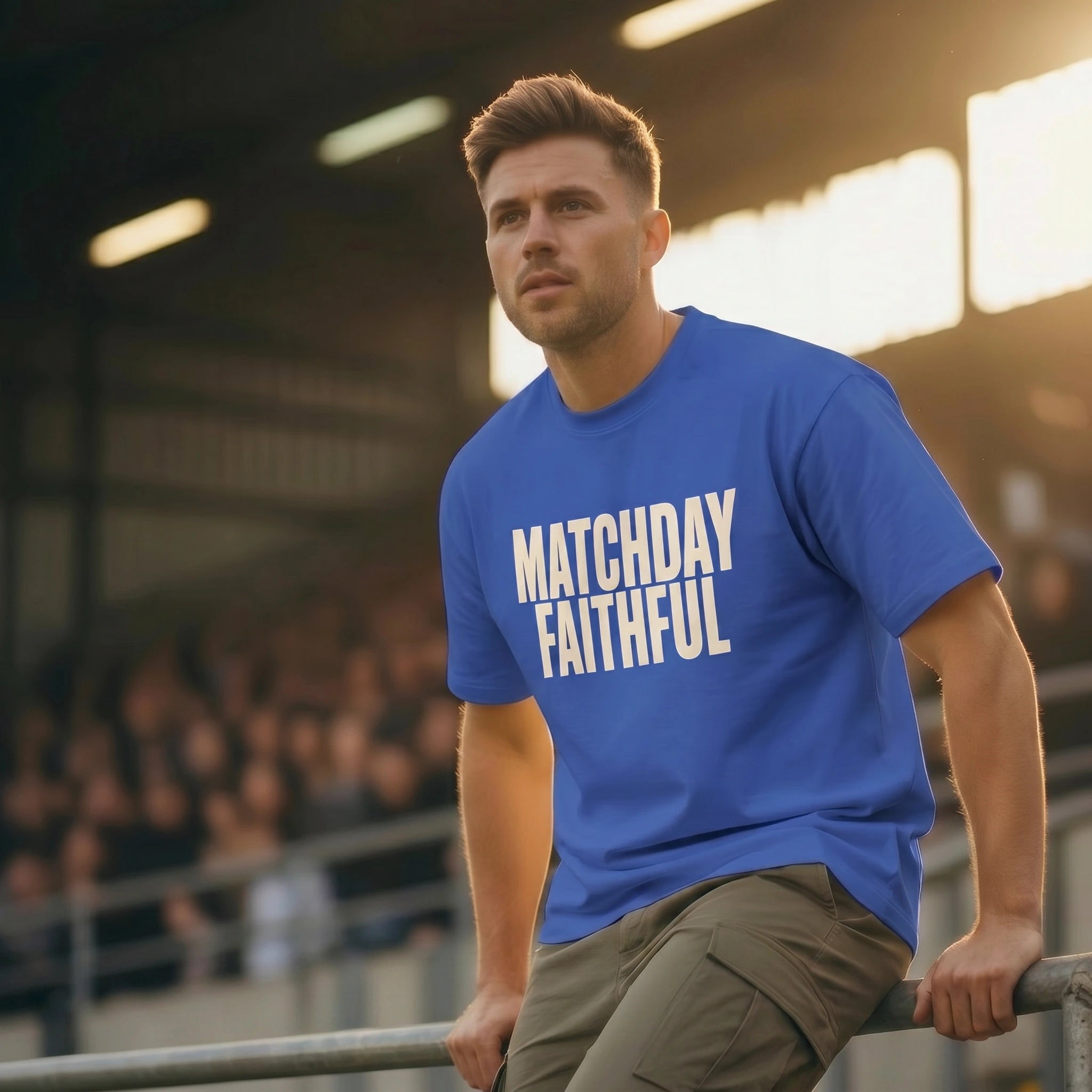 Man wearing a blue 'MATCHDAY FAITHFUL' t-shirt in a stadium setting