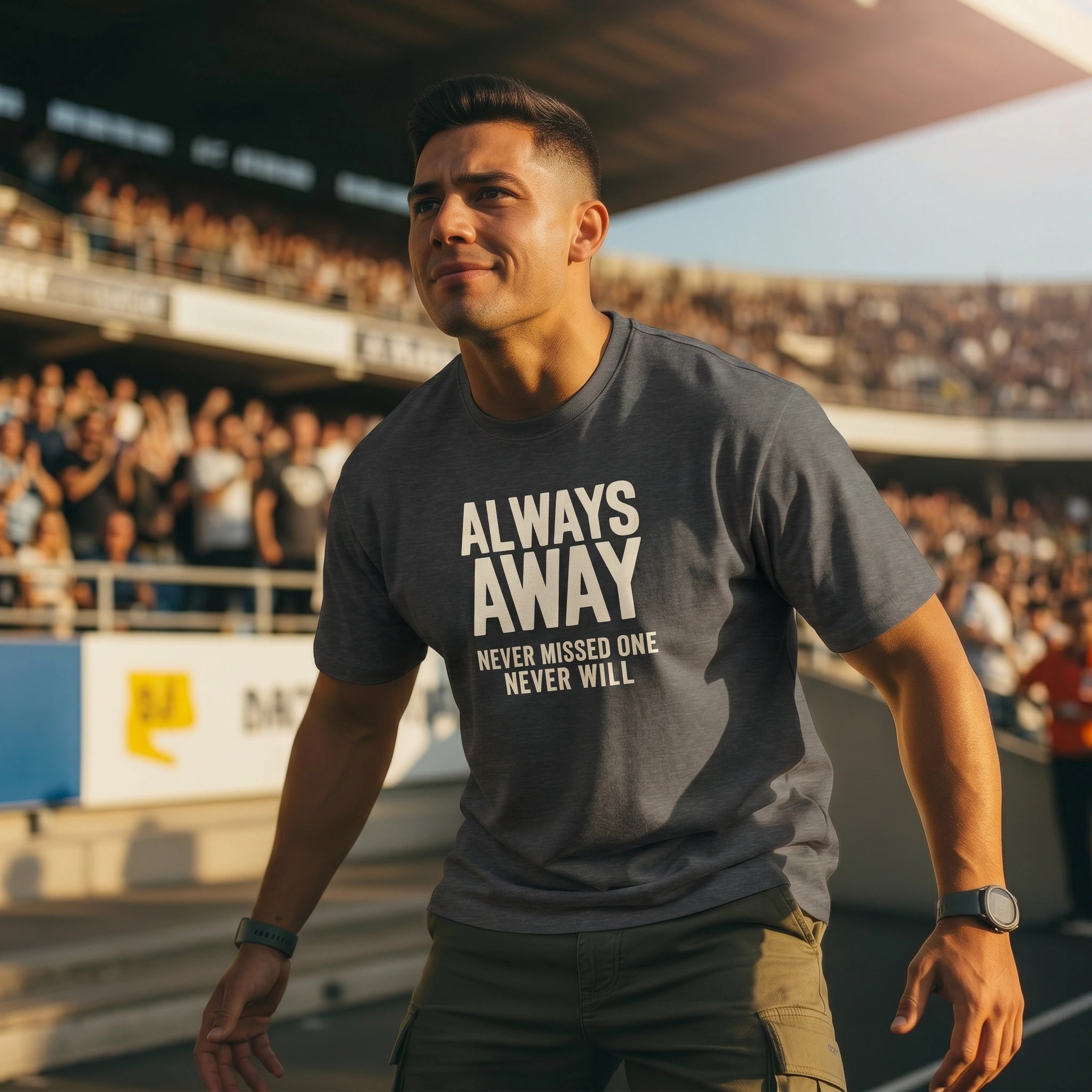 Man wearing a t-shirt with 'Always Away' text at a sports event