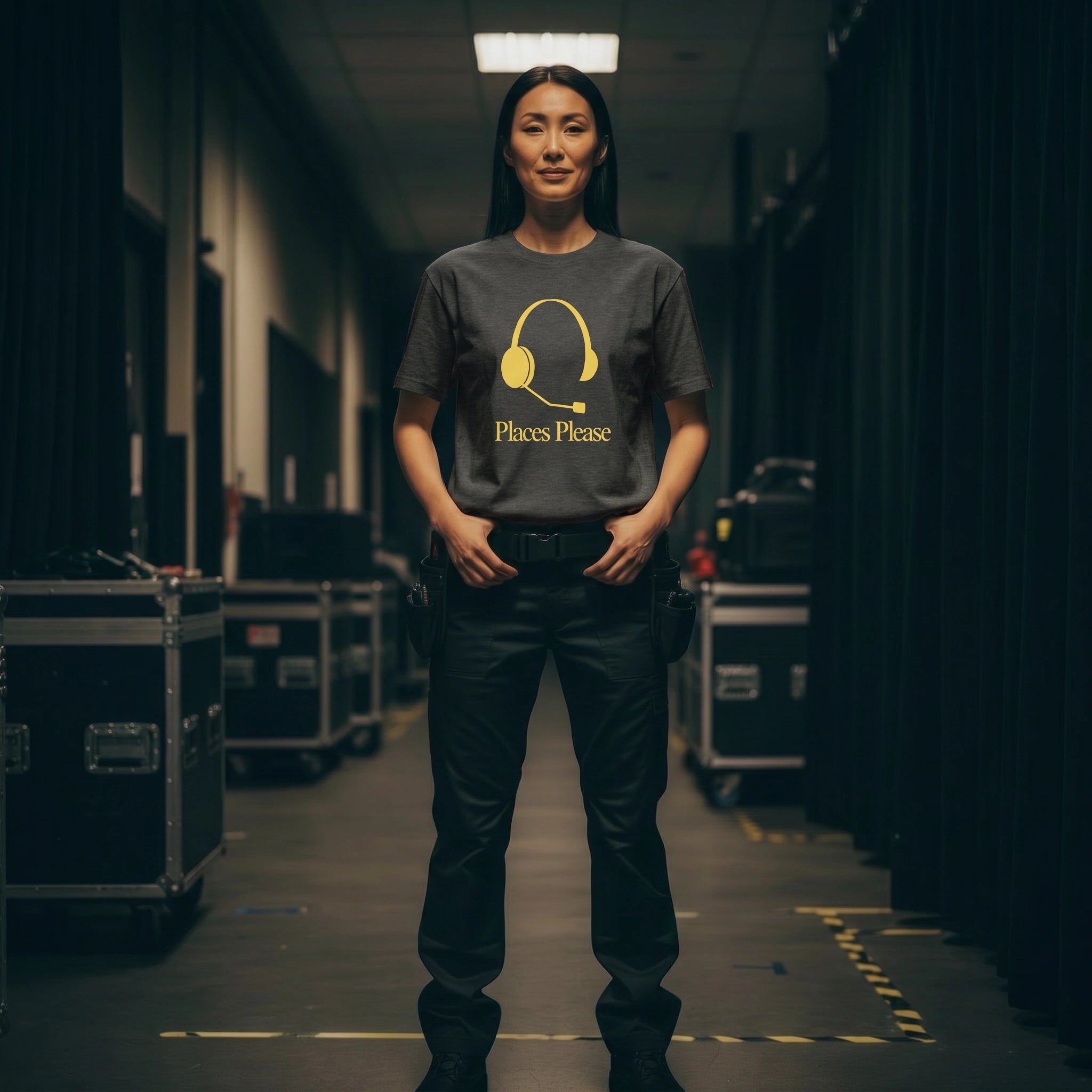 Person wearing a gray t-shirt with a yellow graphic and text, standing in a dark hallway.