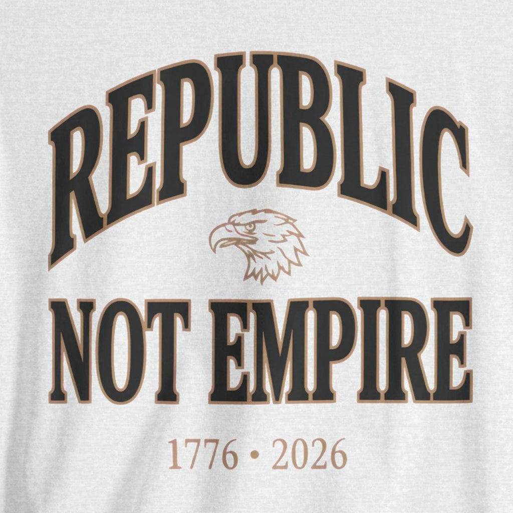 White shirt with 'Republic Not Empire' text and an eagle emblem on a white background