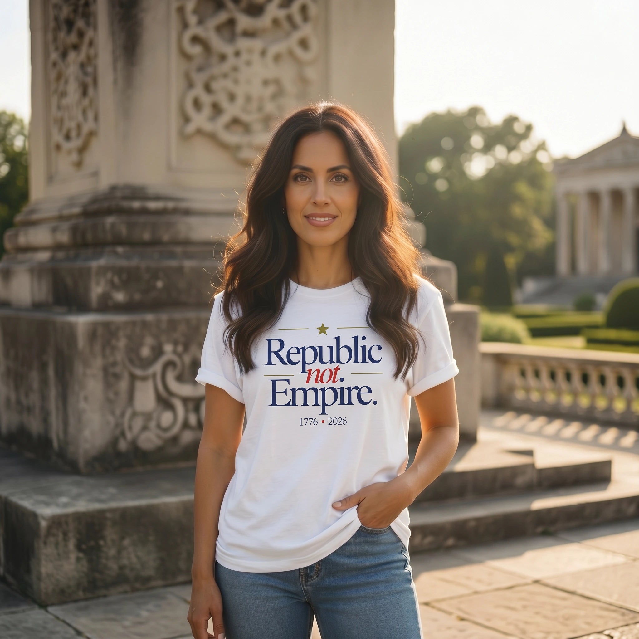 Woman wearing a white t-shirt with 'Republic not Empire' text and a star outside