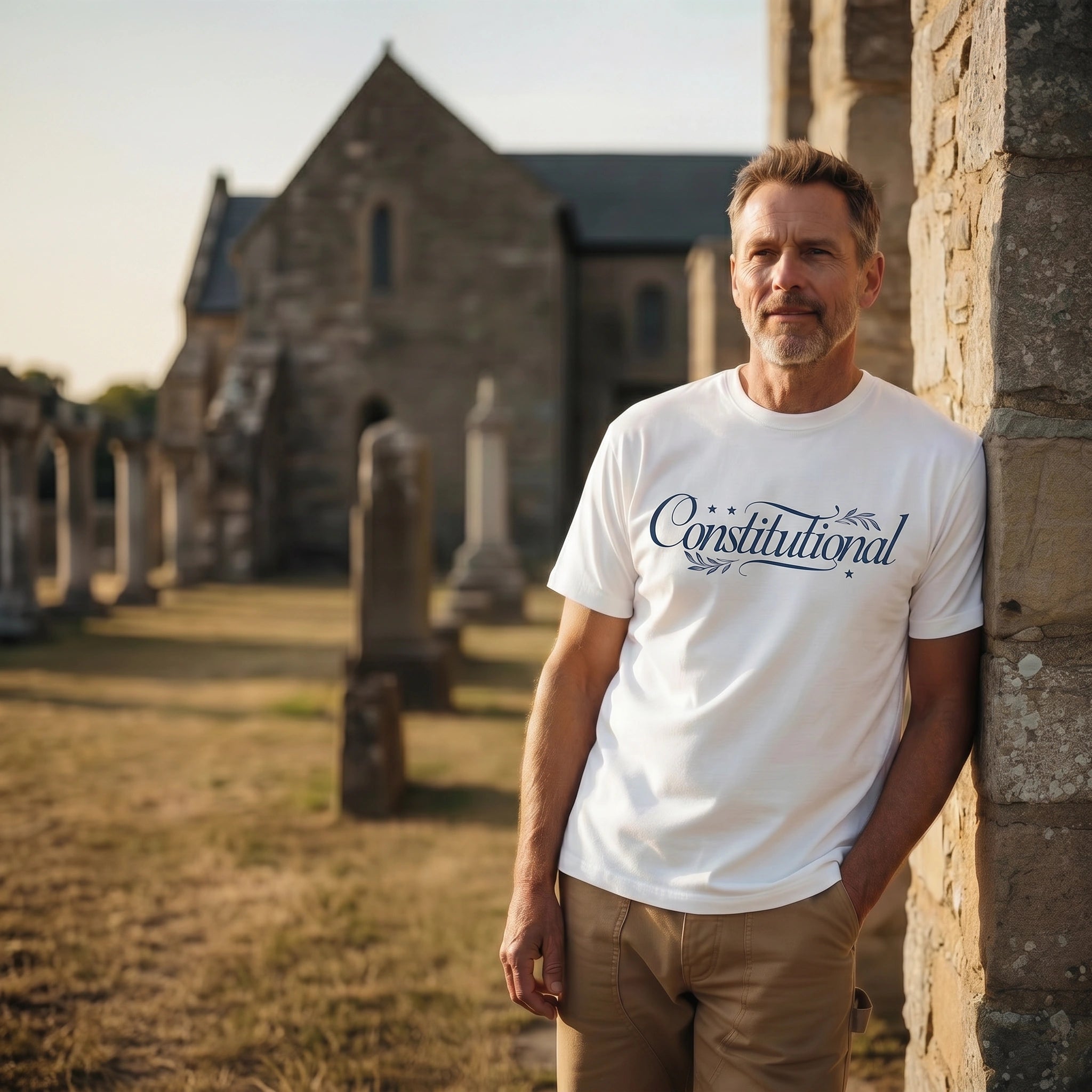 Man wearing a white t-shirt with 'Constitutional' text in a cemetery.