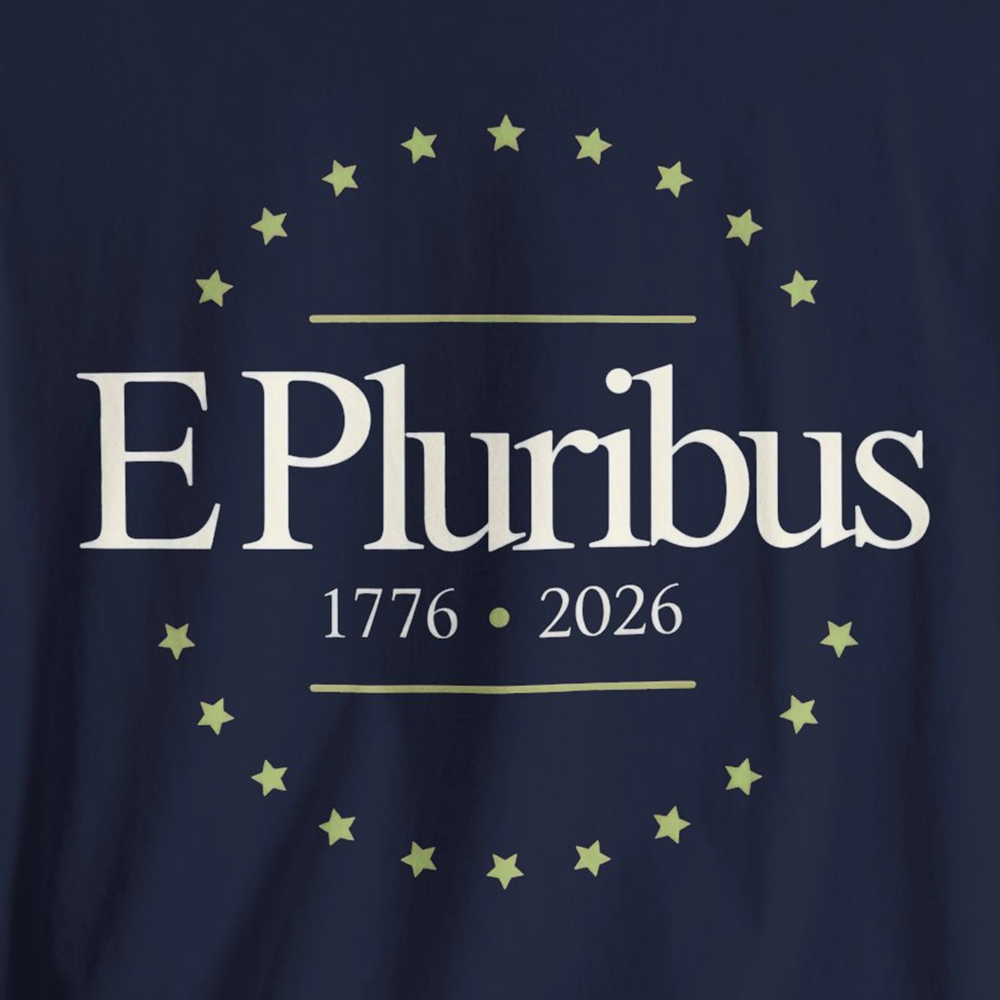 Navy blue shirt with 'E Pluribus' text and star design 
