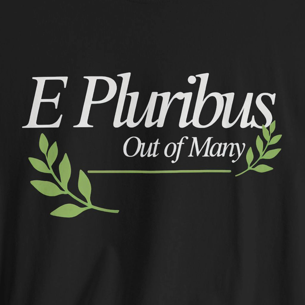 Black t-shirt with 'E Pluribus Out of Many' text and green leaves 