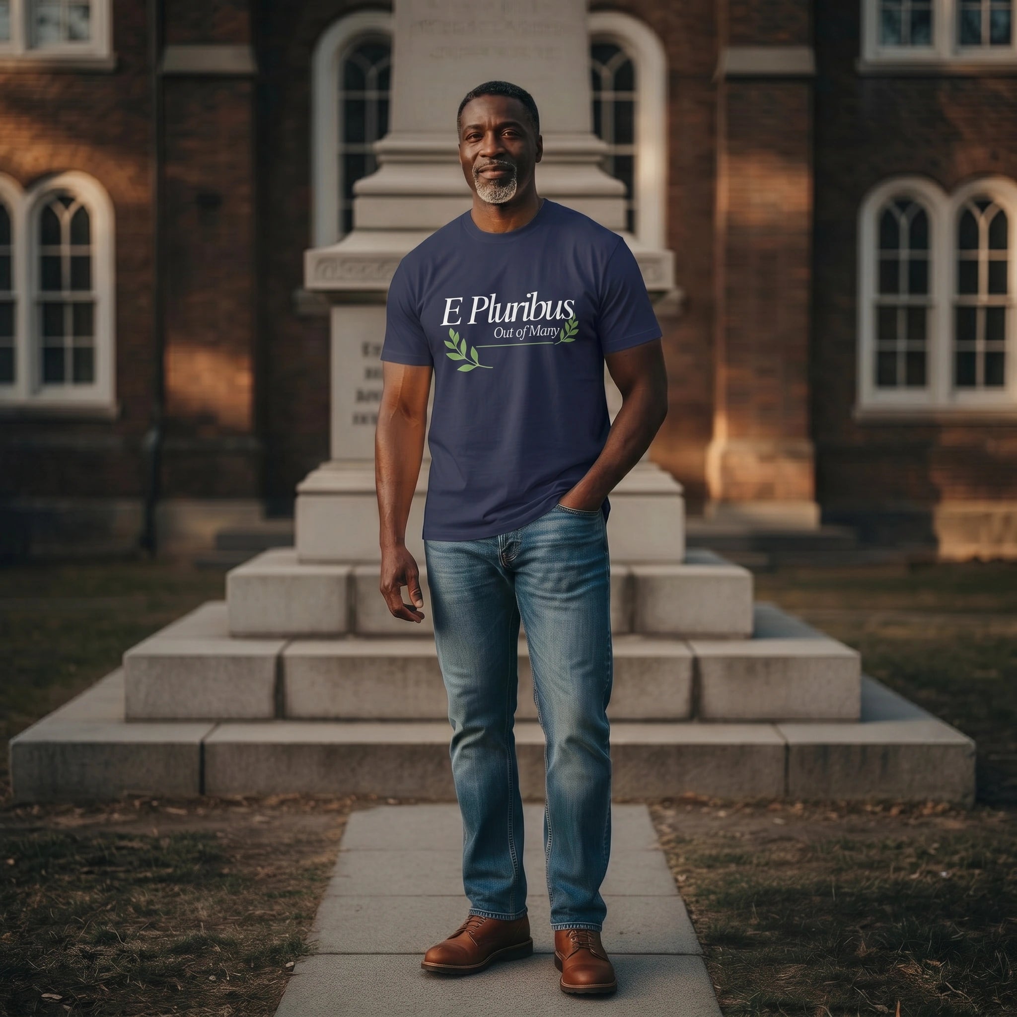 Man wearing a blue t-shirt with 'E Pluribus' design in front of a brick building.