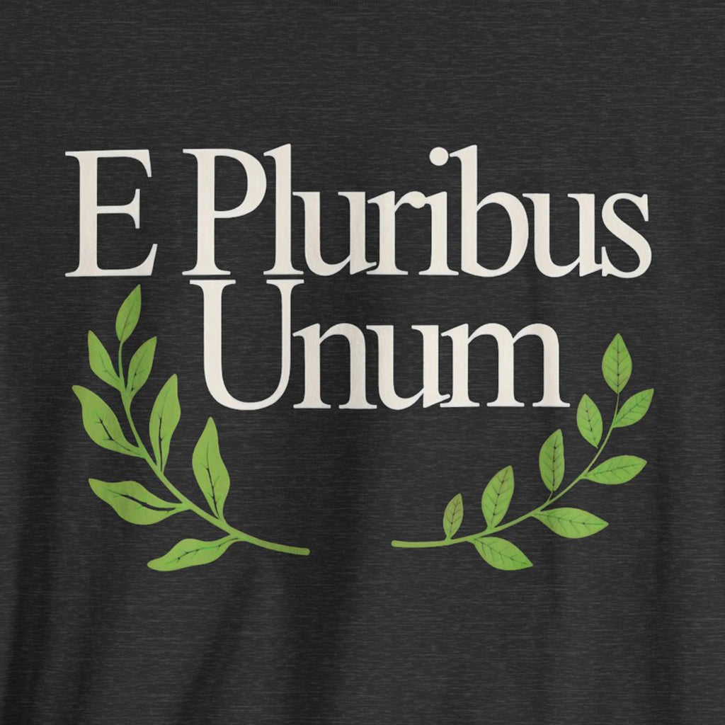 Black t-shirt with 'E Pluribus Unum' text and green leaves