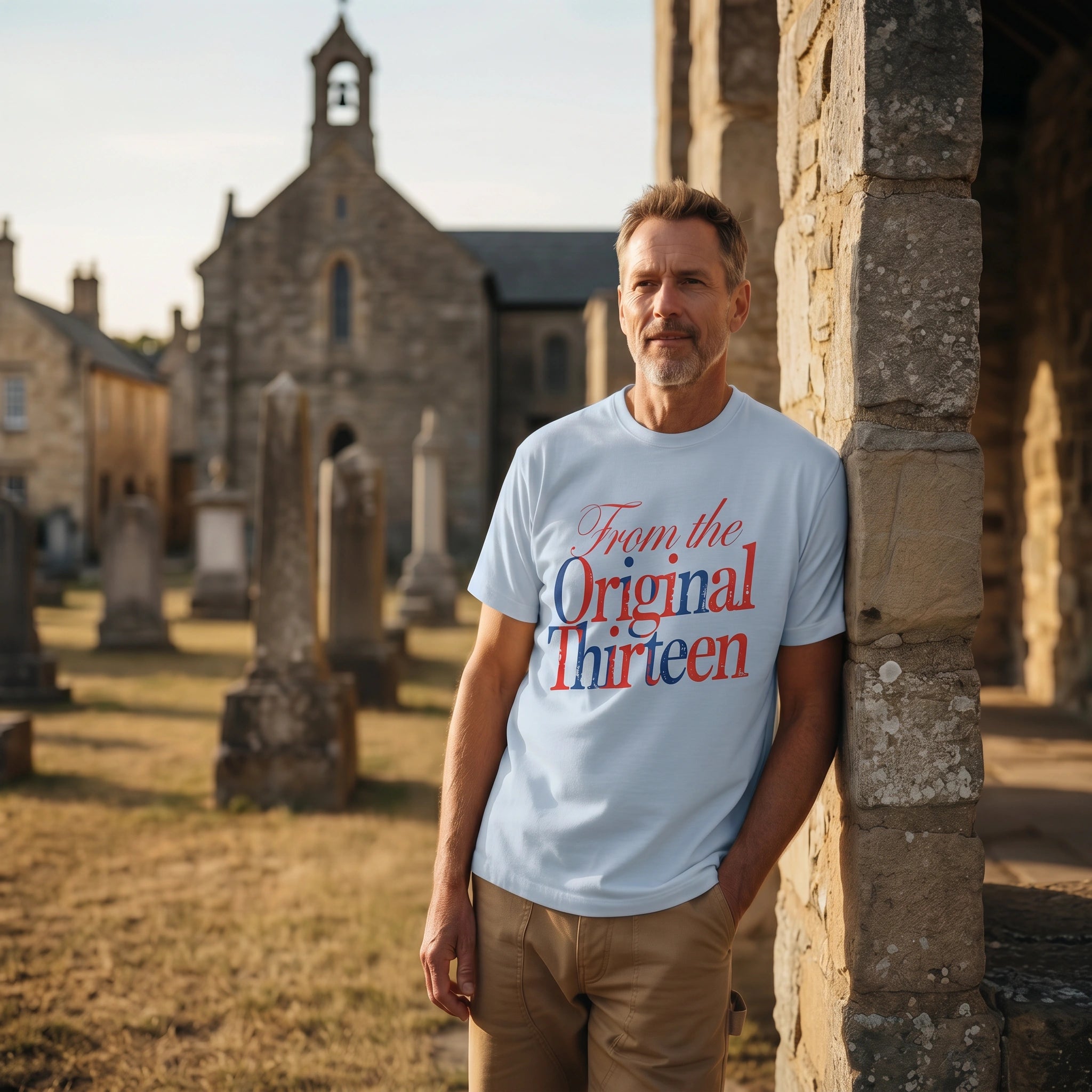 Man wearing a t-shirt with 'From the Original Thirteen' in a cemetery.