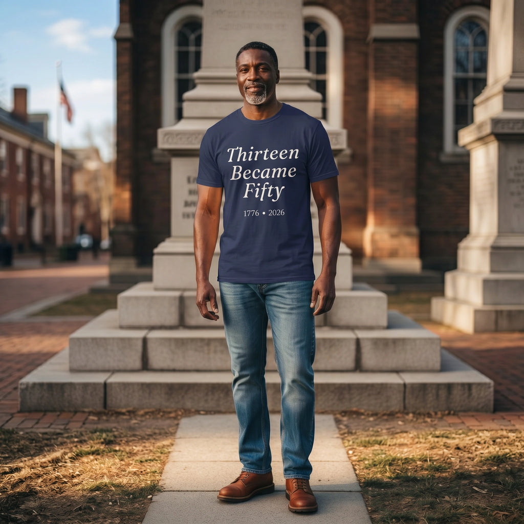 Man wearing a blue t-shirt with 'Thirteen Became Fifty 1776 • 2026' text standing in front of a historic building