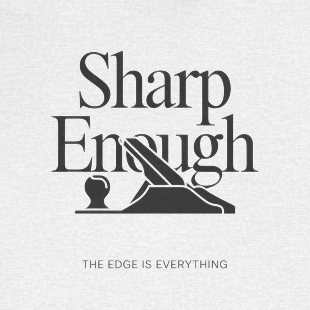 Black text 'Sharp Enough' with a graphic on a light gray background