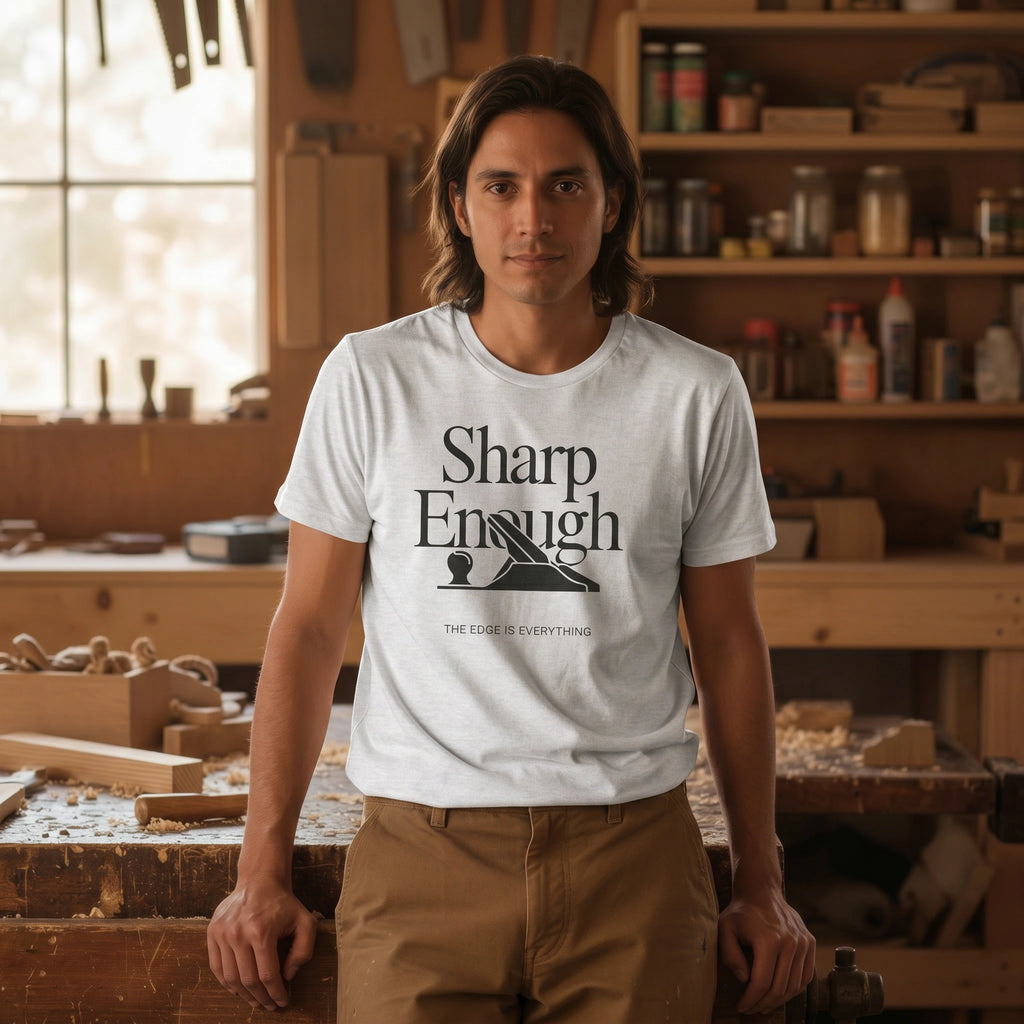 Man wearing a white t-shirt with 'Sharp Enough' text in a workshop setting