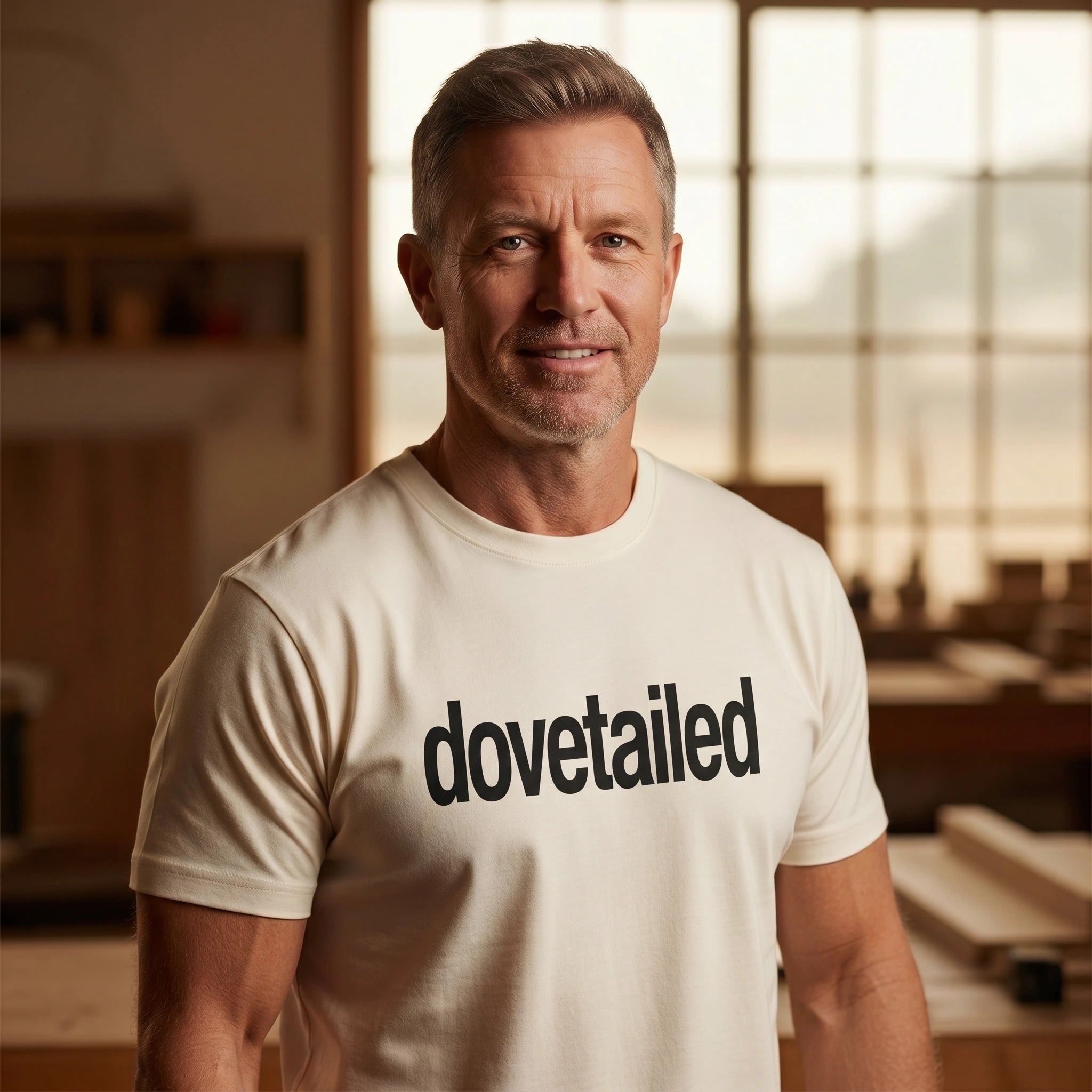 Man wearing a 'dovetailed' t-shirt in a workshop.