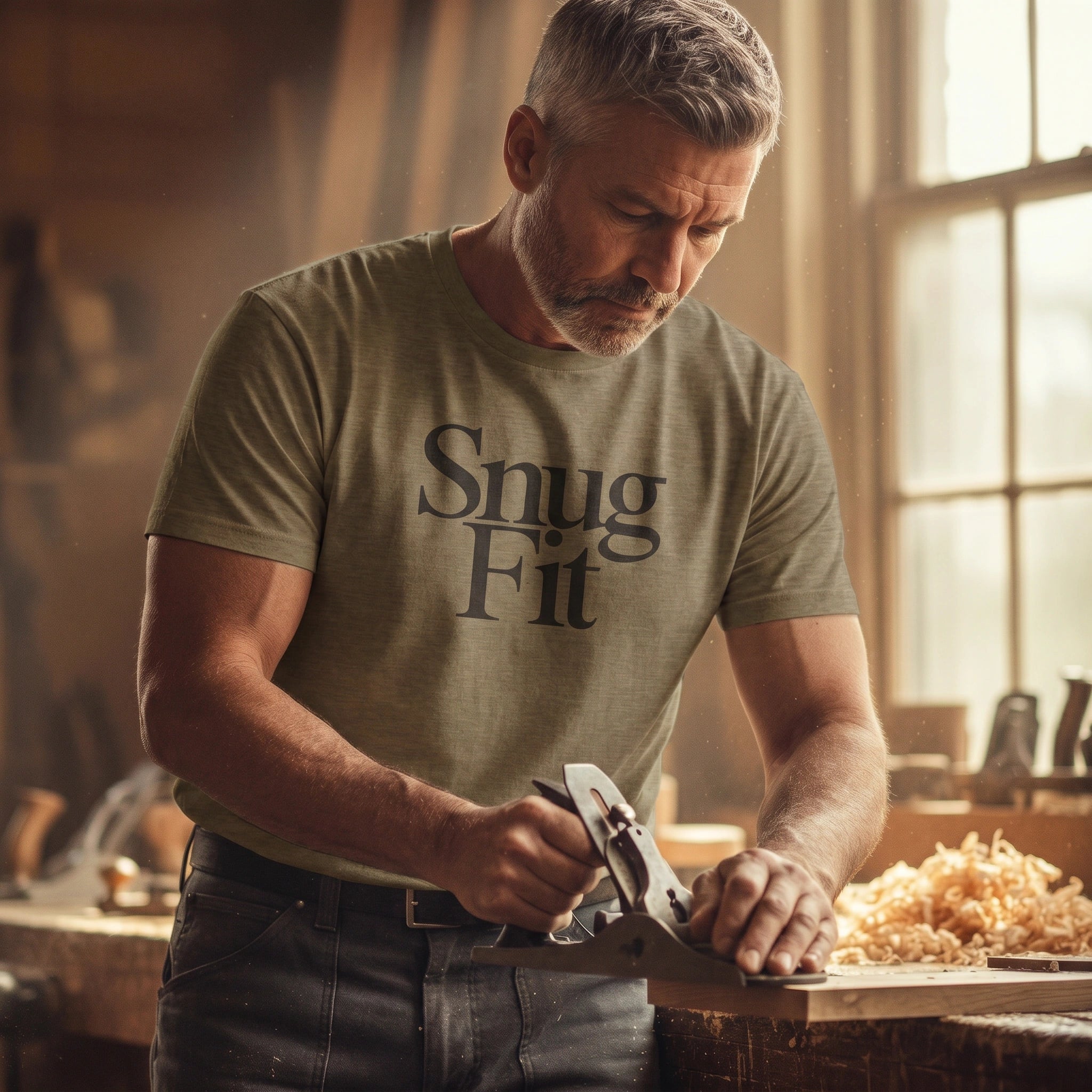 Man wearing a 'Snug Fit' t-shirt working with tools in a workshop.