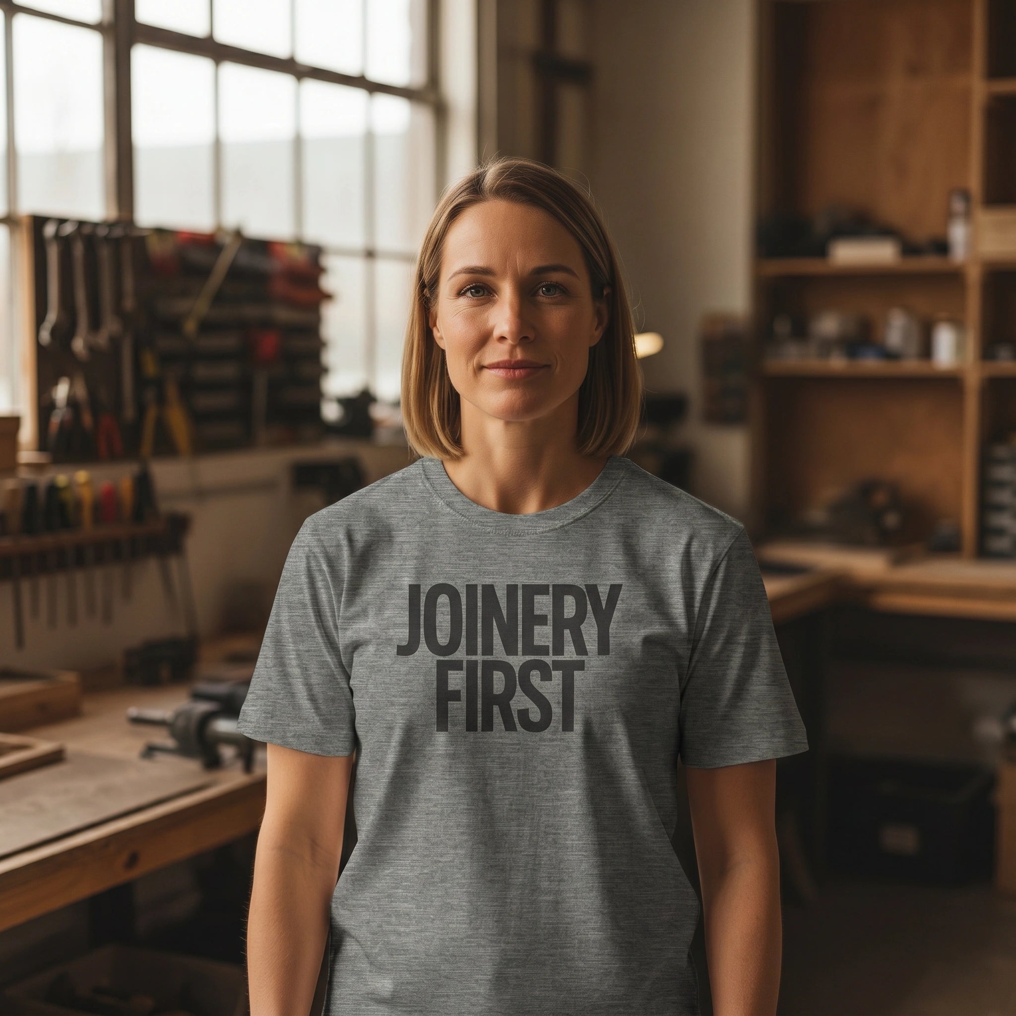 Woman wearing a 'JOINERY FIRST' t-shirt in a workshop setting