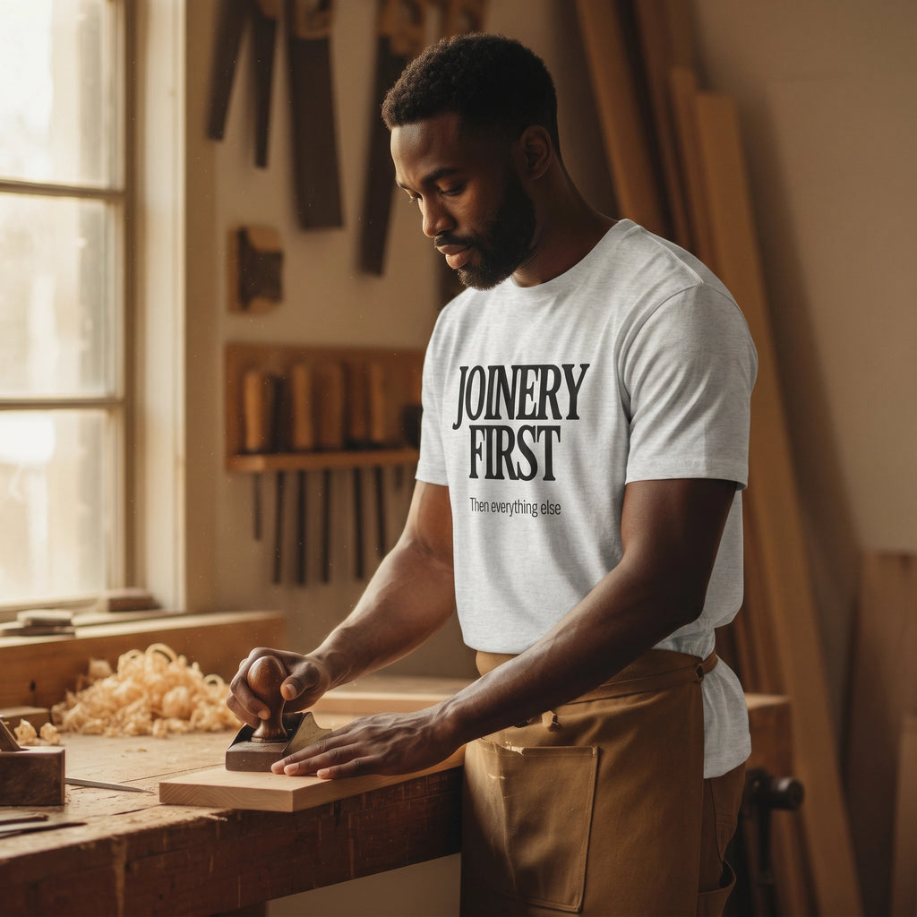 Man in a workshop wearing a 'Joinery First' t-shirt, planing wood.